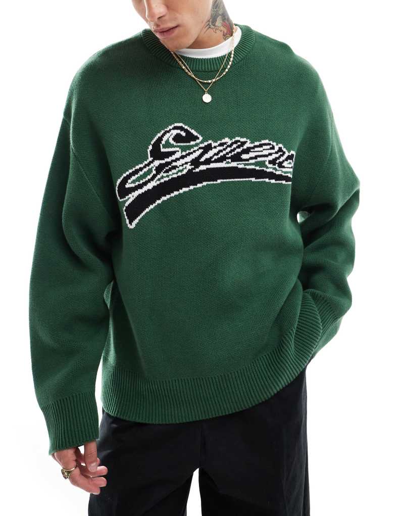 Weekday Cypher sweater with varisty jacquard graphic in dark green Weekday