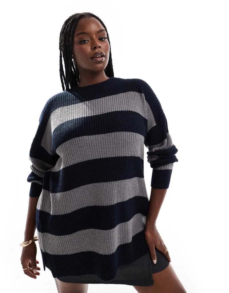 Yours dropped shoulder striped sweater in navy and gray Yours