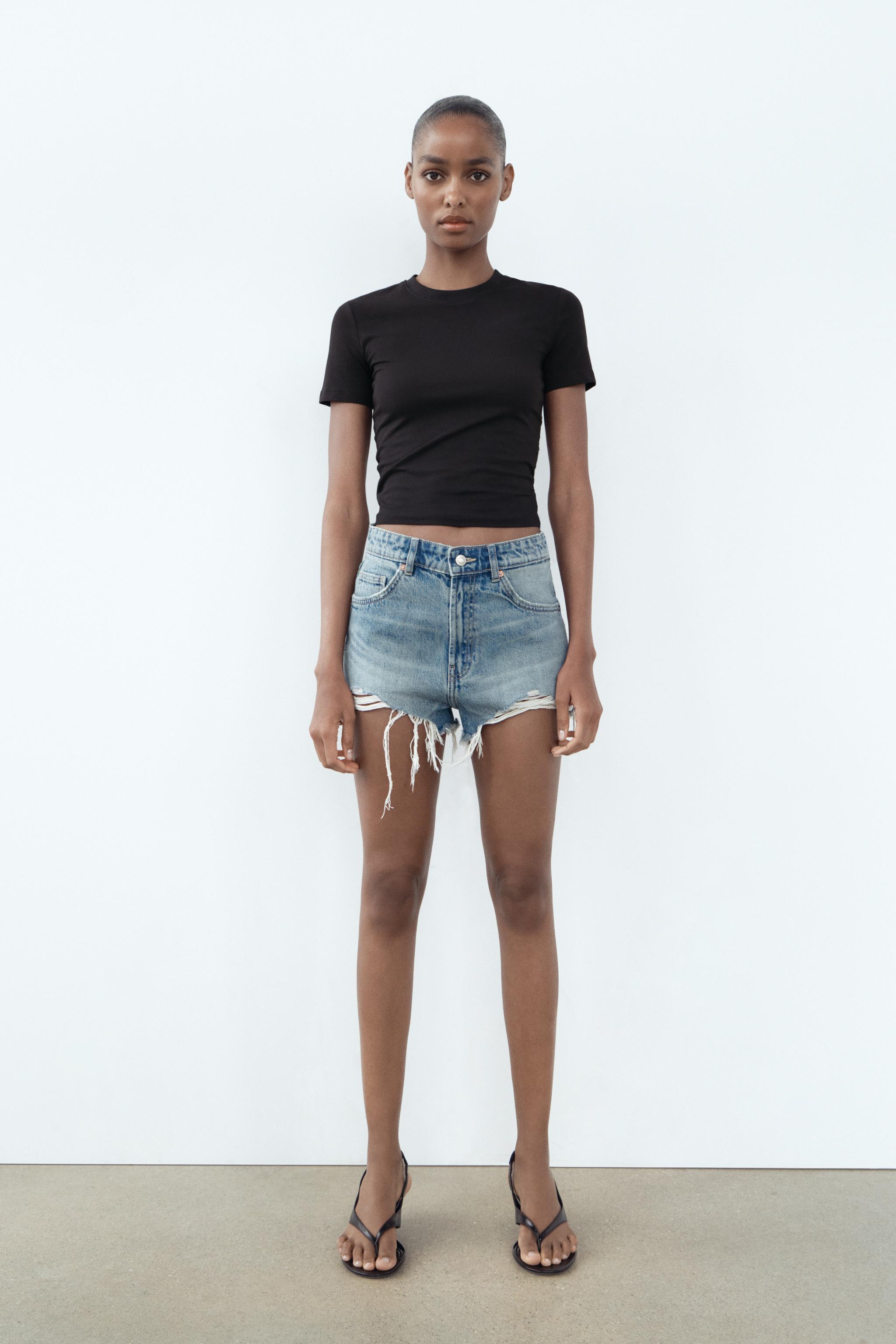 Женские Джинсовые Шорты ZARA TRF HIGH WAIST RIPPED CURVED ZARA