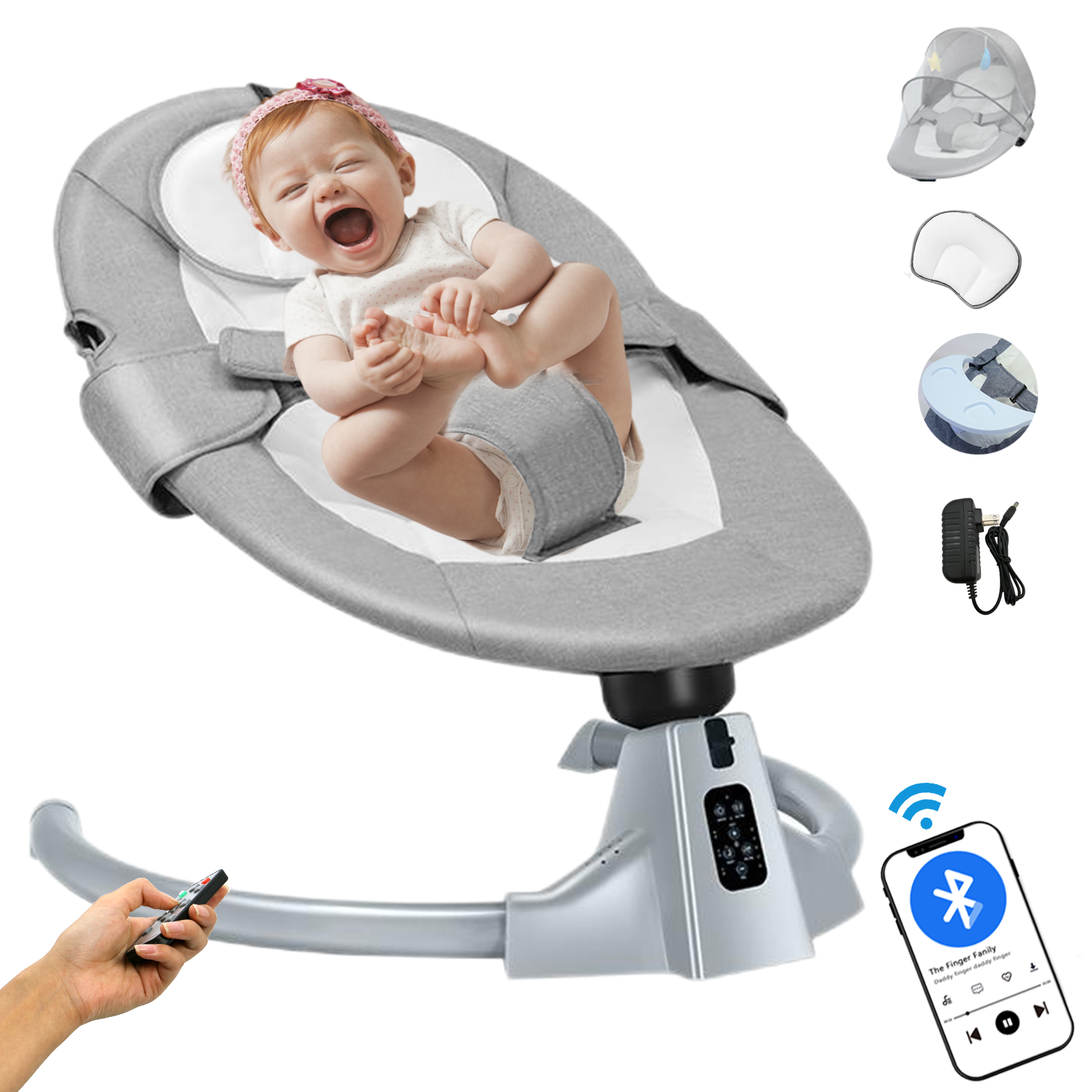 Electric Baby Swing for Infants, Baby Rocker for Infants with 5 Speeds, Adapter & Battery Operated, Indoor & Outdoor Use, Bouncer with Mat & Pillow, Remote Control, Gray Arcwares