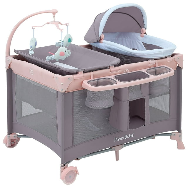 Pamo Babe Nursery Center Playard with Bassinet & Changing Table for Newborn,4-Panels Playpen Pamo babe