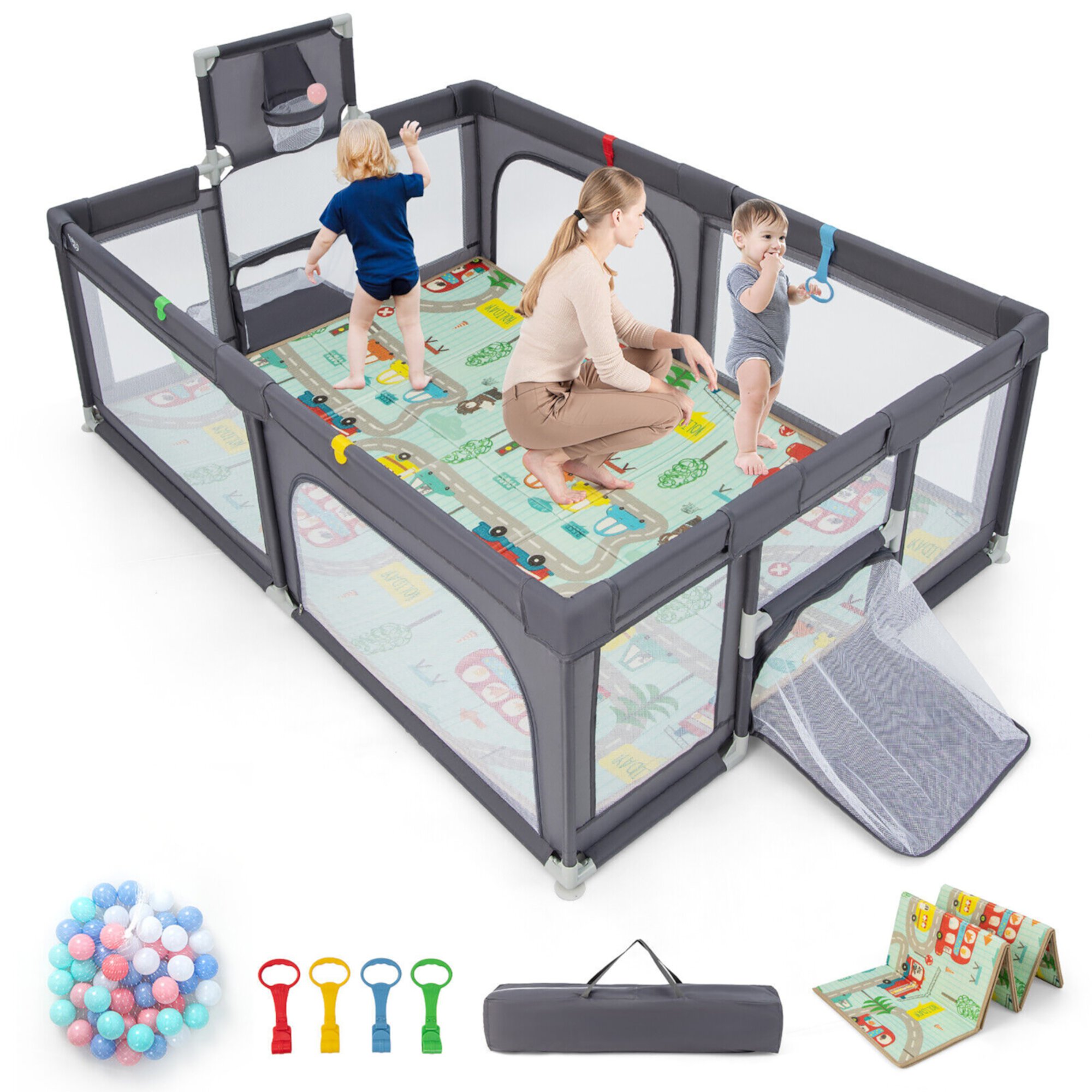 Gymax Baby Playpen Large Safe Play Yard Fun Activity Center with Mat & Soccer Nets Dark Grey GYMAX