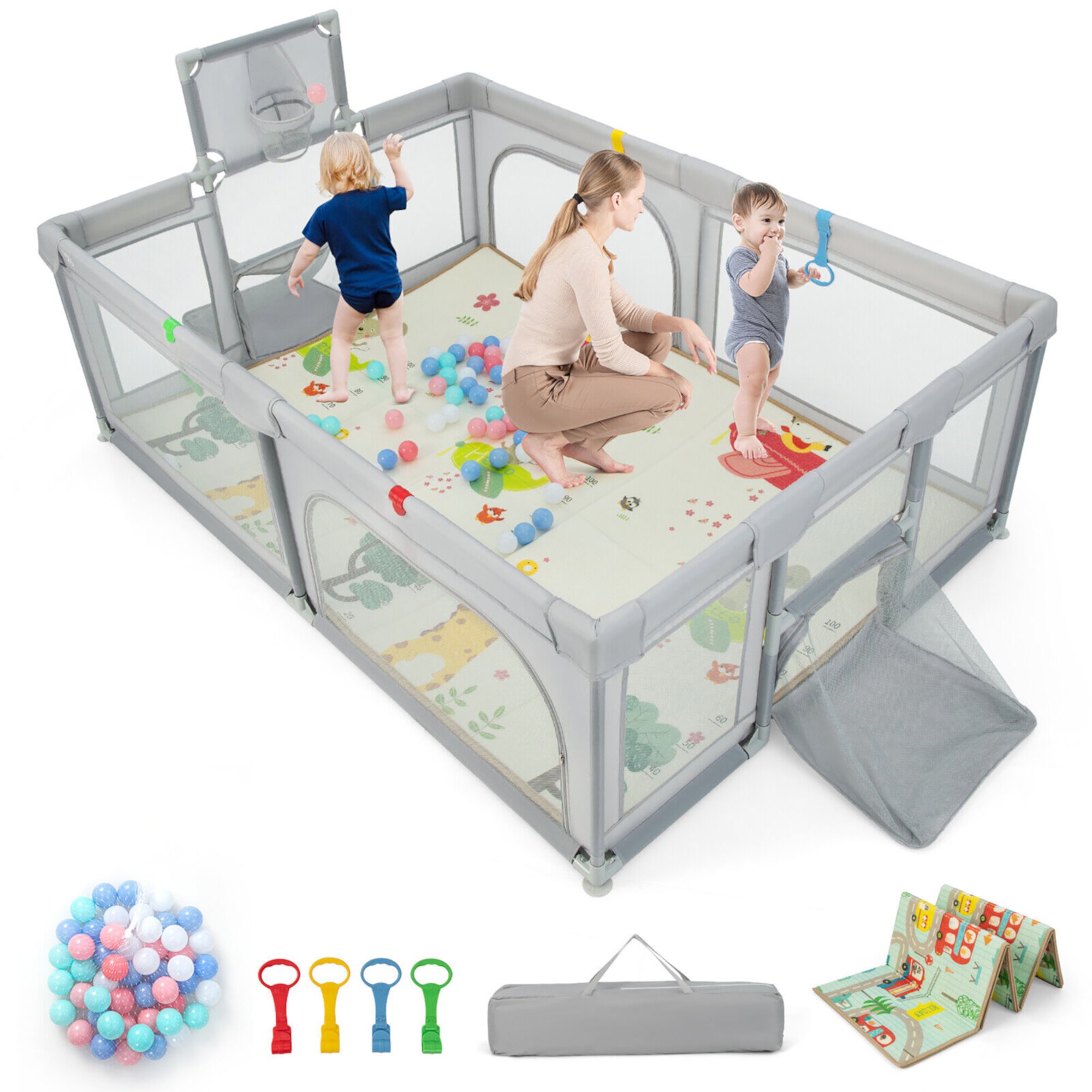 Gymax Baby Playpen Large Safe Play Yard Fun Activity Center with Mat & Soccer Nets Light Grey GYMAX