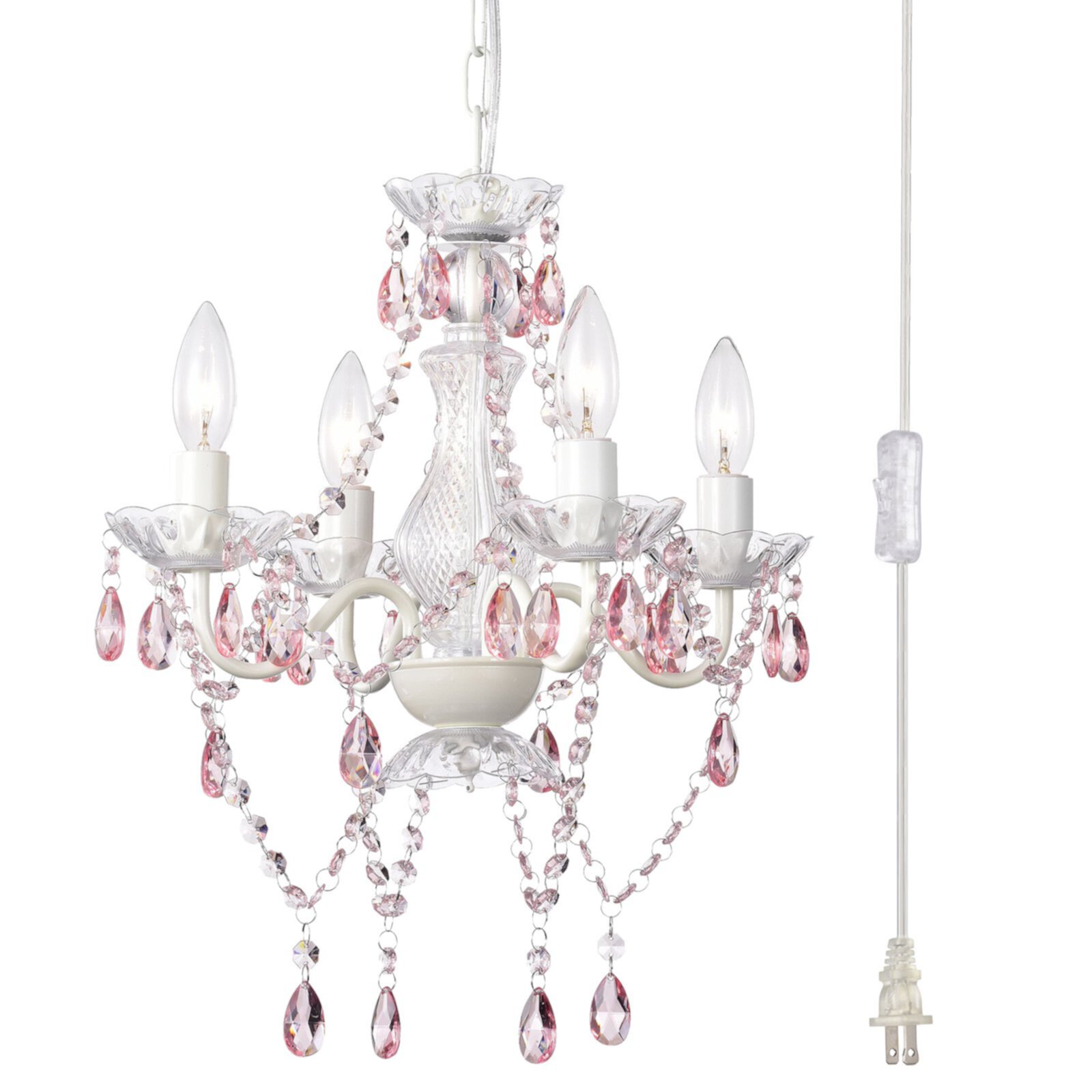 Pink Plug in Chandelier White Chandelier with Pink Crystal Accents Plug in Swag Chandelier 4 Light Crystal Chandeliers LaLuLa