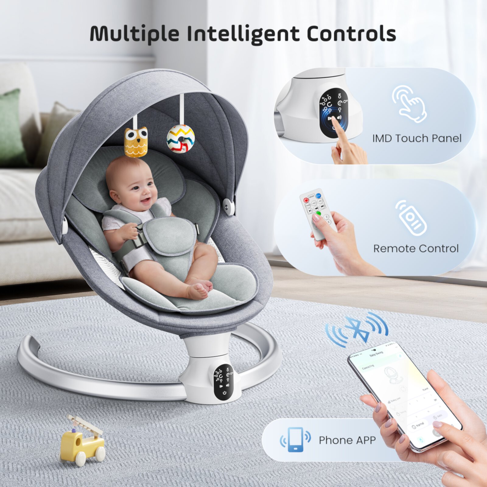 Doulami Electric Baby Swing for Newborn to Toddler Portable Infant Swing Rocker with Remote & APP Control & IMD Touch Panel, 5 Sway Speeds, 10 Lullabies, Gray Doulami