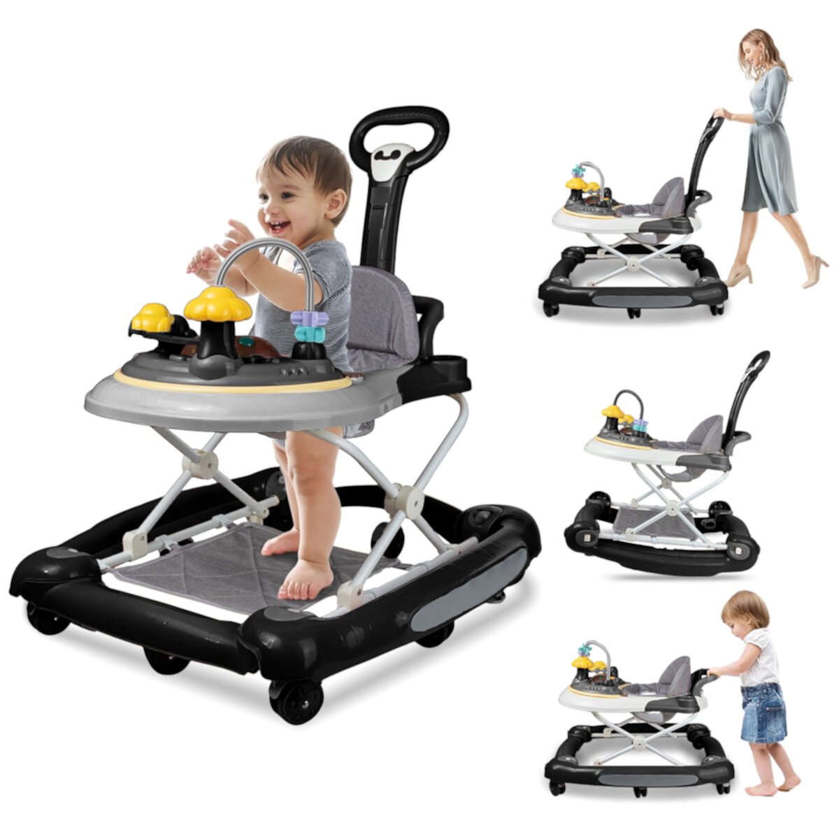 JOJOLAM 5-in-1 Baby Walker, Musical Activity Push Walker with Detachable Awning Footrest, Adjustable Height, Black JOJOLAM