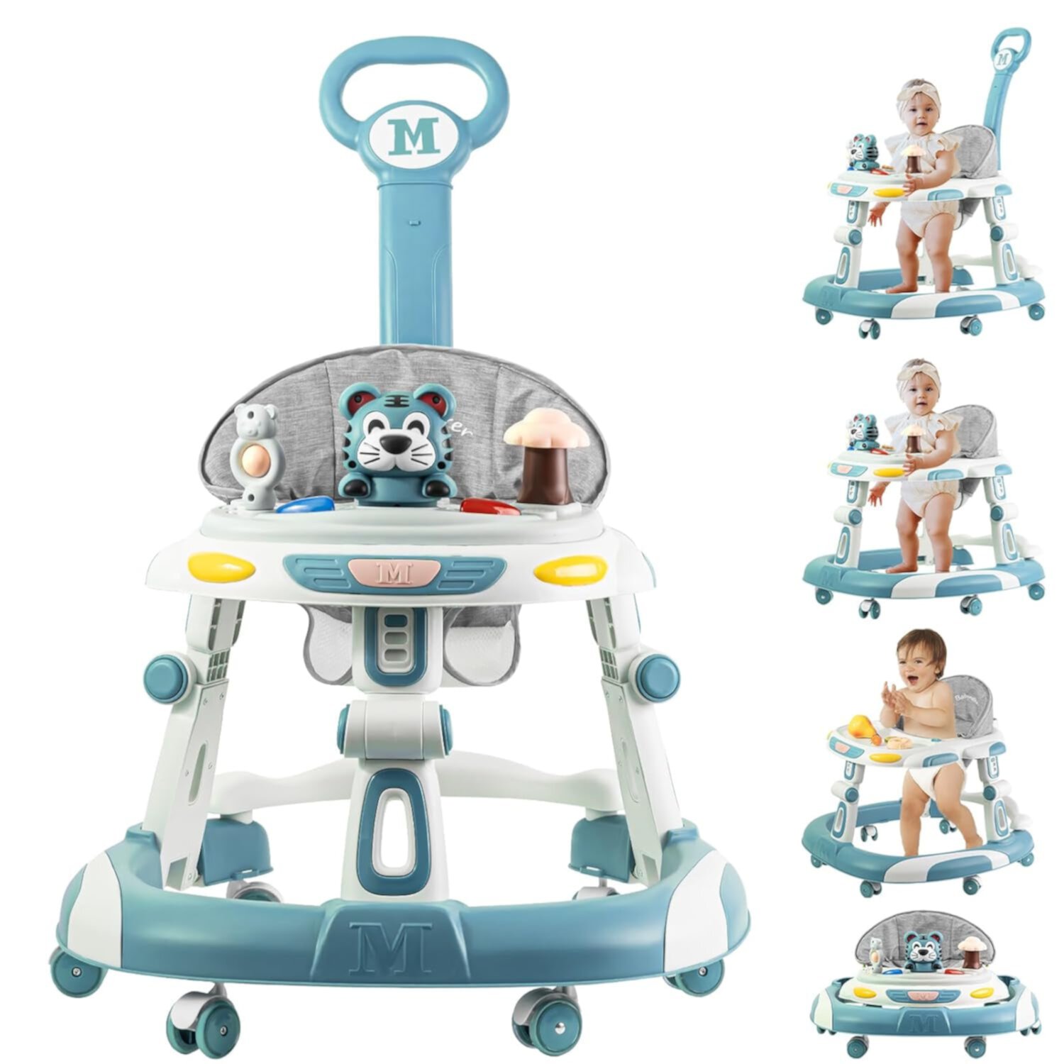 Baby Walker, 4-in-1 Foldable Baby Walkers and Baby Activity Center with Toys Tray,3-gear Height Adjustable Infant Toddler Baby Walker with Wheels for Baby Boys and Girls 6-24 Months(Blue) Q-BOX