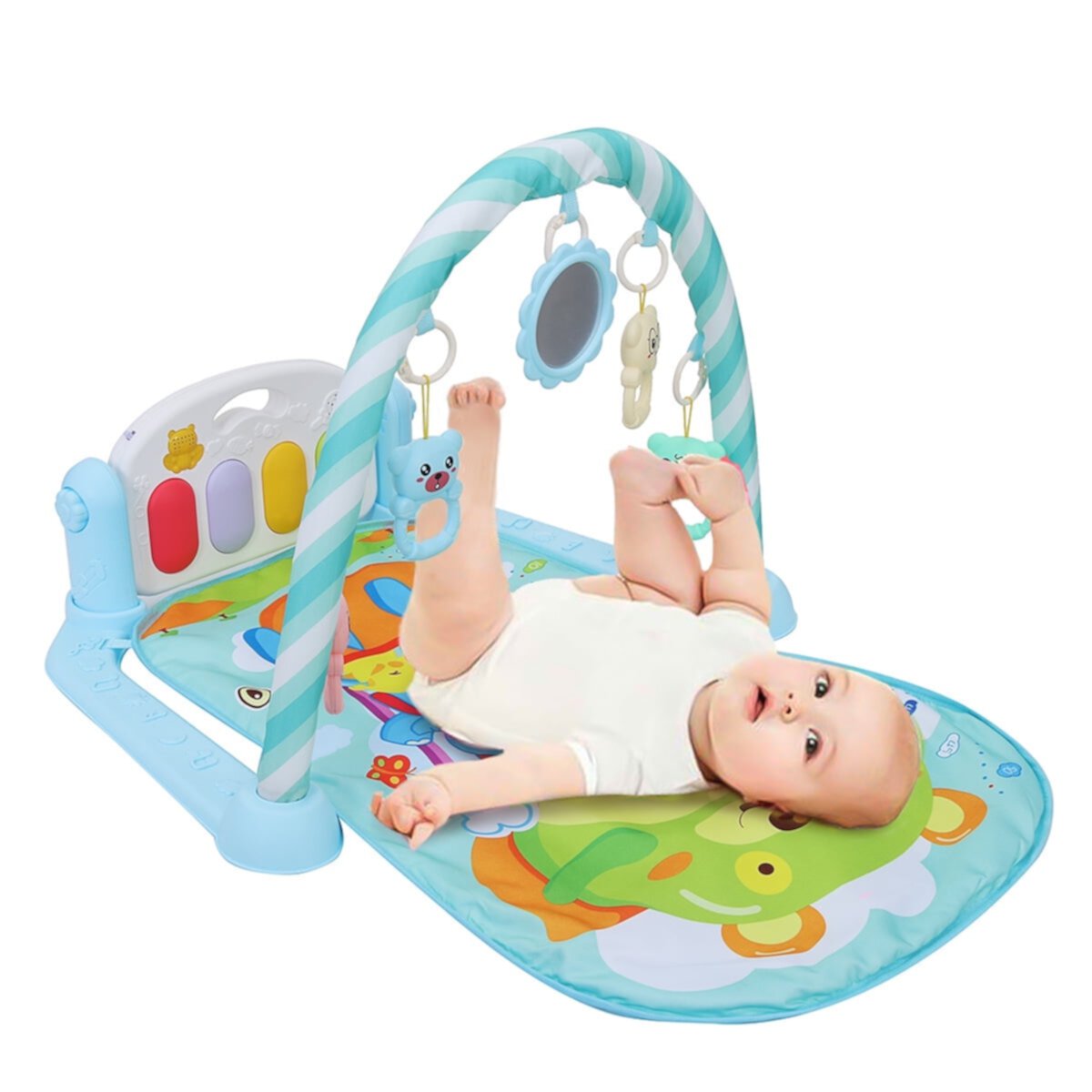 Baby Play Mat, Infants Gym Play Mat Sit and Play Activity Center with Pedal Piano and Hanging Toys, Blue SINGES