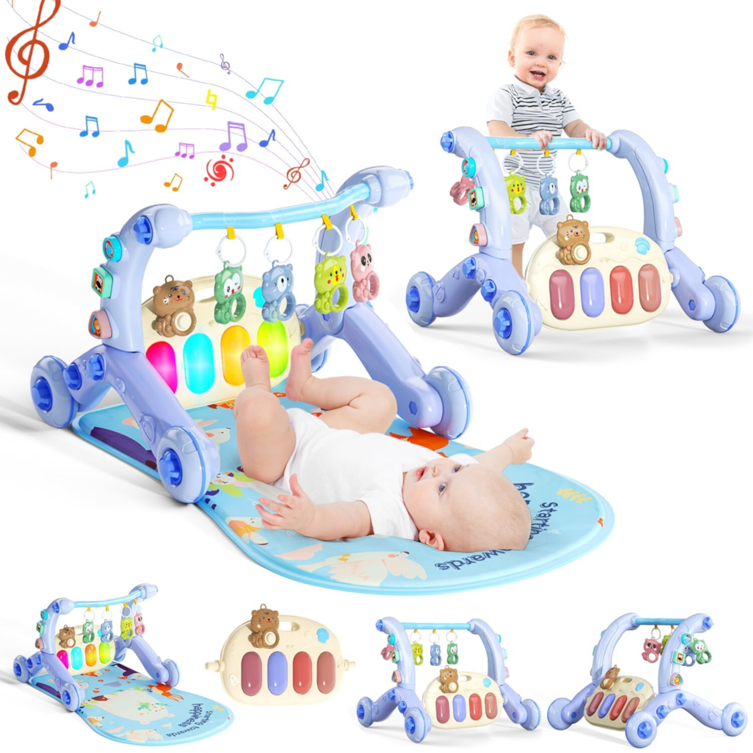 WonderStone 5-in-1 Baby Gym Play Mat & Learning Walker, Activity Center with Portable Light-up Piano Panel for Toddlers Ages 0-3, Blue Wonderstone