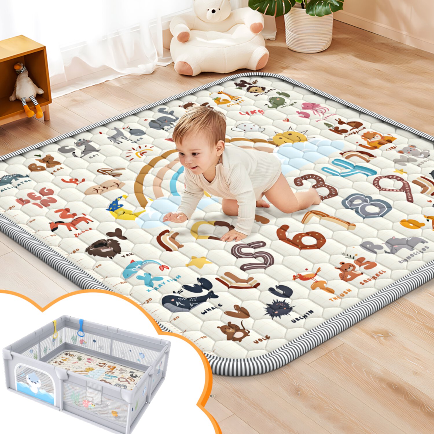 WonderStone Baby Play Mat for Floor, 50" x 50" Thick Foldable Play Mat, Washable & Non-Slip Play Mat for Babies and Toddlers 0-6 Months, Baby Tummy Time Activity Center Wonderstone