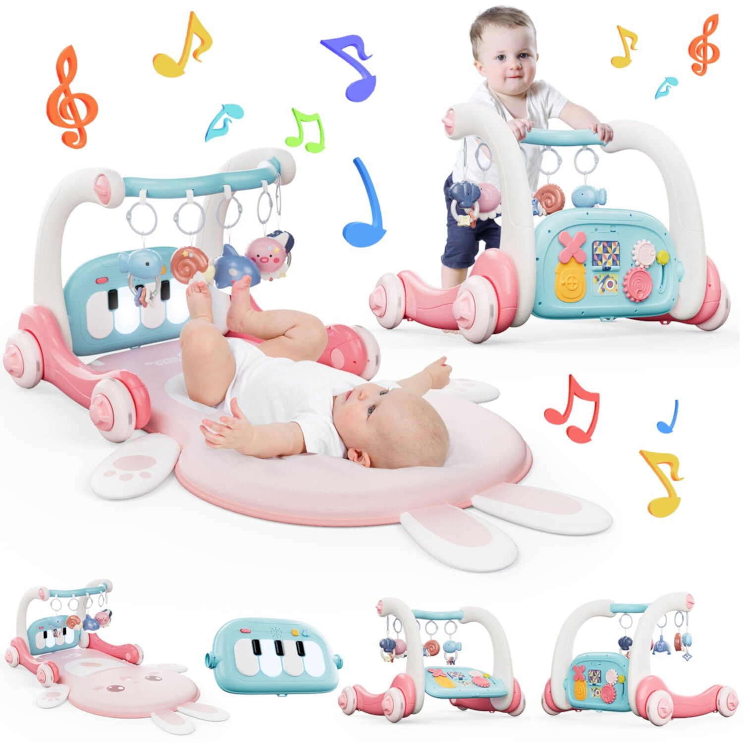 JoyStone 4 in 1 Baby Gym Play Mat & Baby Learning Walker, Baby Activity Mat with Kick and Play Piano for Infant Newborn Toddlers JoyStone