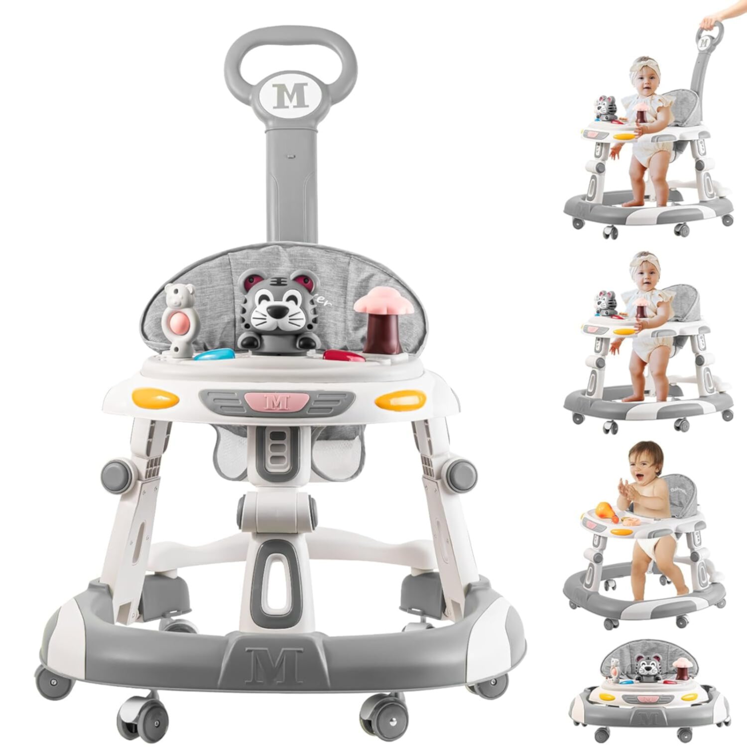 Baby Walker, 4-in-1 Foldable Baby Walkers and Baby Activity Center with Toys Tray,3-gear Height Adjustable Infant Toddler Baby Walker with Wheels for Baby Boys and Girls 6-24 Months(Grey) Q-BOX