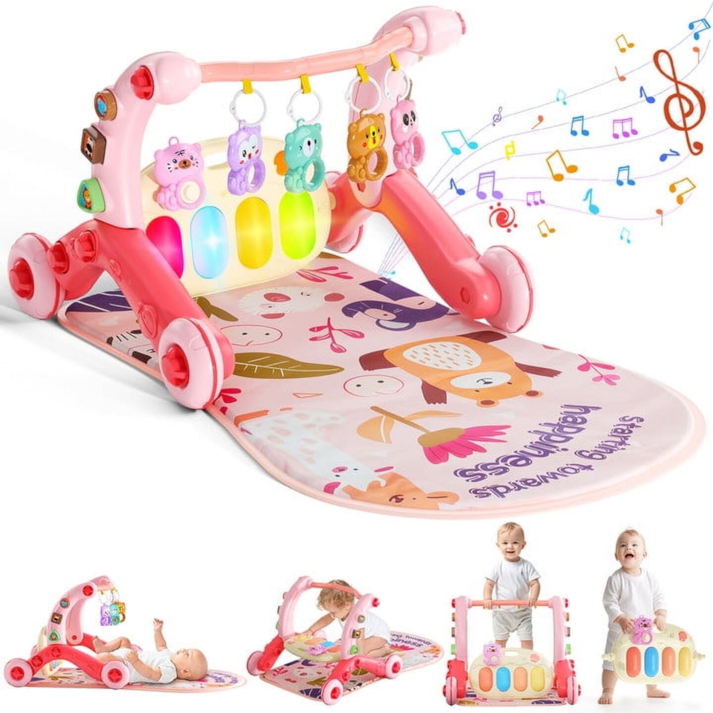 WonderStone 5-in-1 Baby Gym Play Mat & Learning Walker, Activity Center with Portable Light-up Piano Panel for Toddlers Ages 0-3, Pink Wonderstone