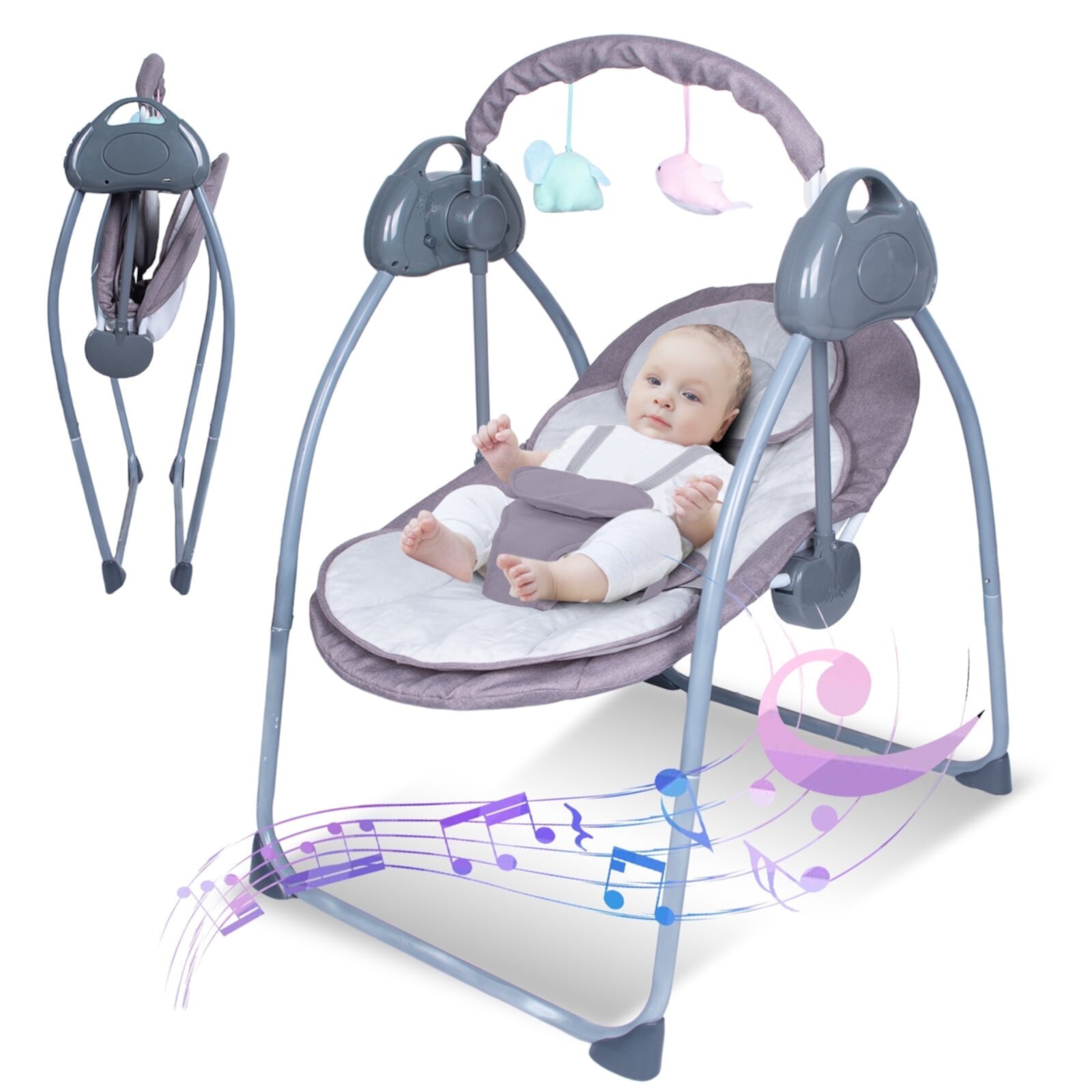 SLLINGLUO Folding Baby Swing, Infant Swing with Music and Toys, Baby Swing with 5-Point Harness, Gray SLLINGLUO