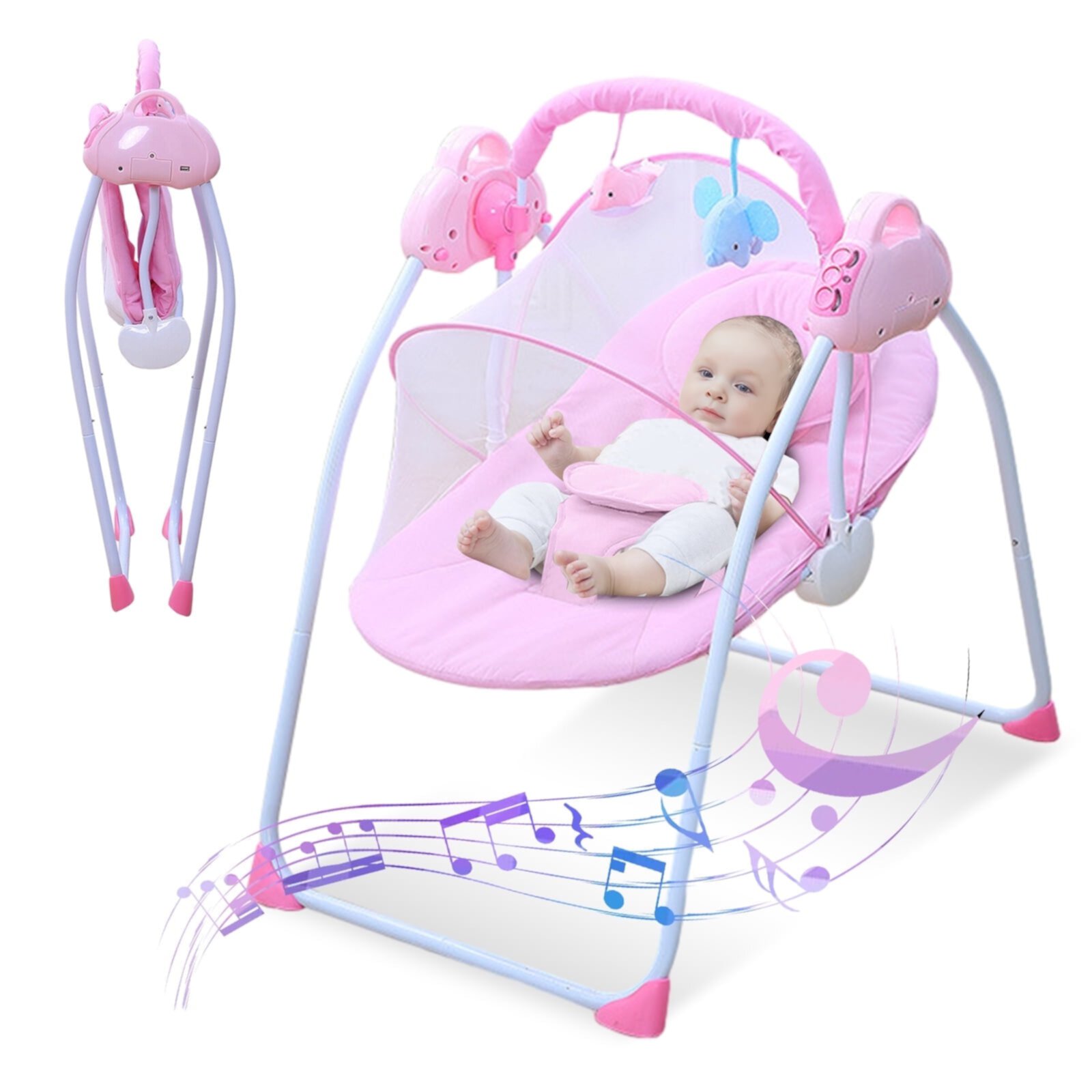 SLLINGLUO Folding Baby Swing, Infant Swing with Music and Toys, Baby Swing with 5-Point Harness, Pink SLLINGLUO