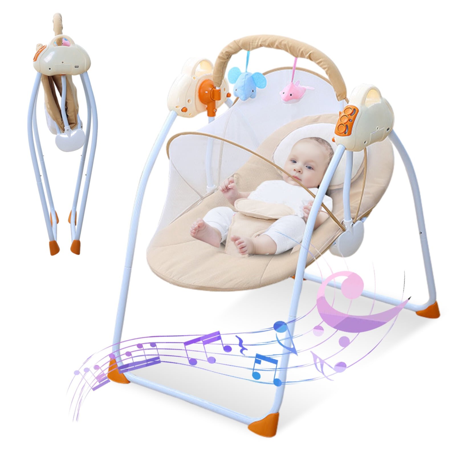 SLLINGLUO Folding Baby Swings, Infant Swing with Music and Toys, Baby Swing with 5-Point Harness, Brown SLLINGLUO