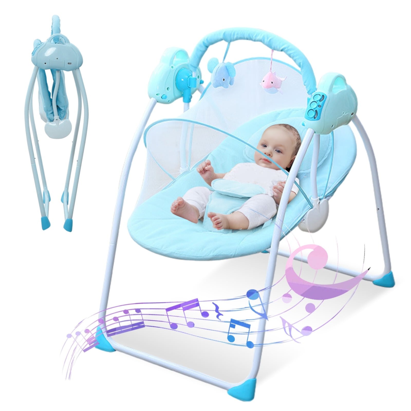 SLLINGLUO Folding Baby Swing, Infant Swing with Music and Toys, Baby Swing with 5-Point Harness, Blue SLLINGLUO