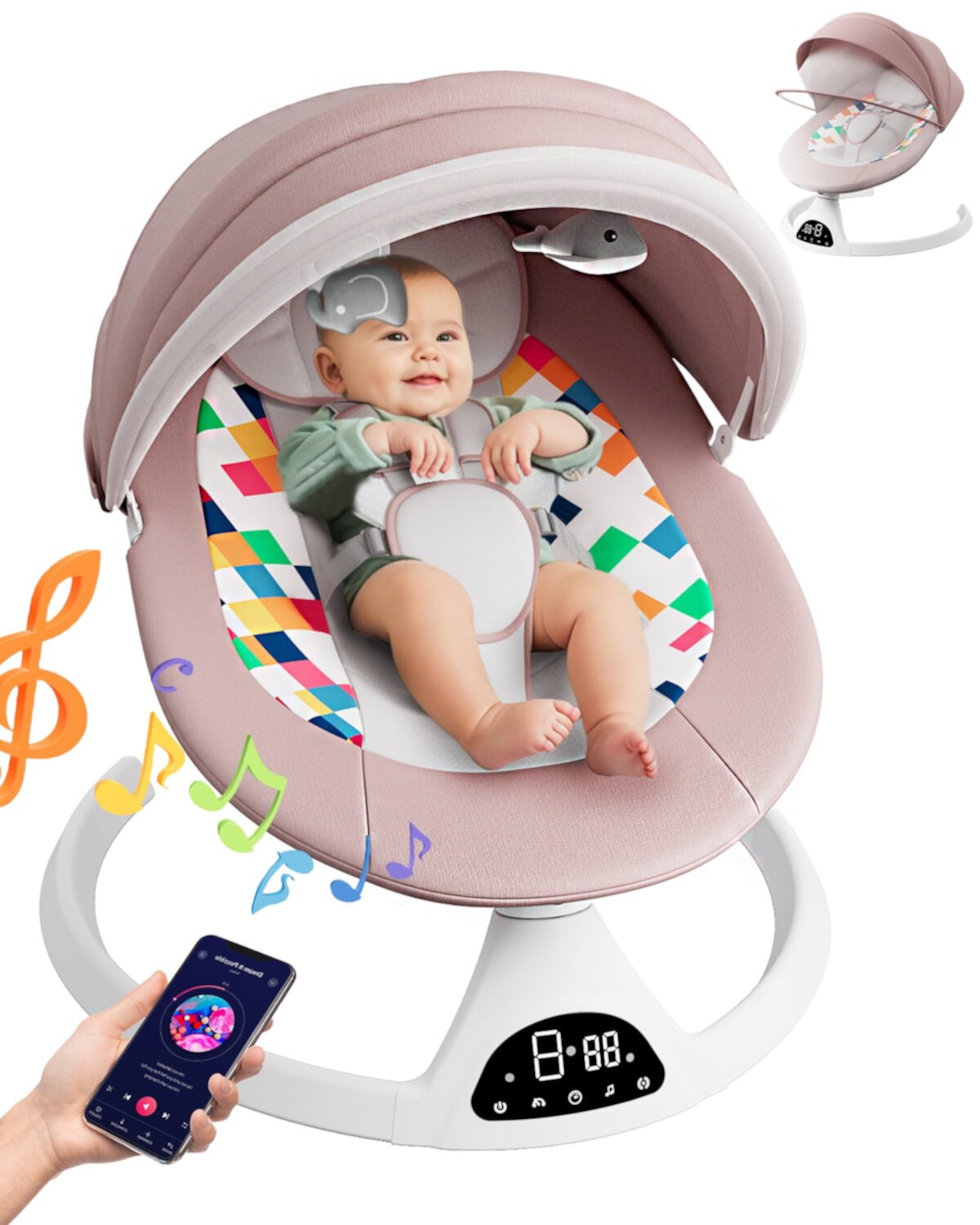 Electric Baby Swing for Infants, Baby Rocker for Infants with 5 Speeds, 10 Lullabies, Adapter & Battery Operated, Indoor & Outdoor Use, Remote Control Babyomi