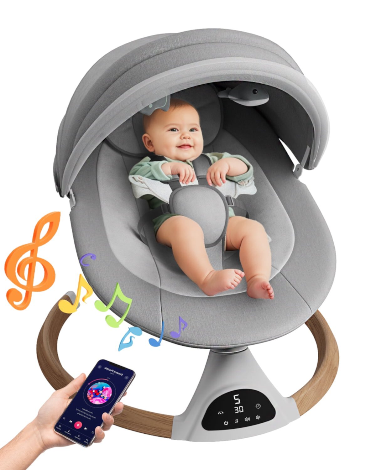 Electric Baby Swing for Infants, Baby Rocker for Infants with 5 Speeds, 10 Lullabies, Adapter & Battery Operated, Indoor & Outdoor Use, Remote Control Babyomi