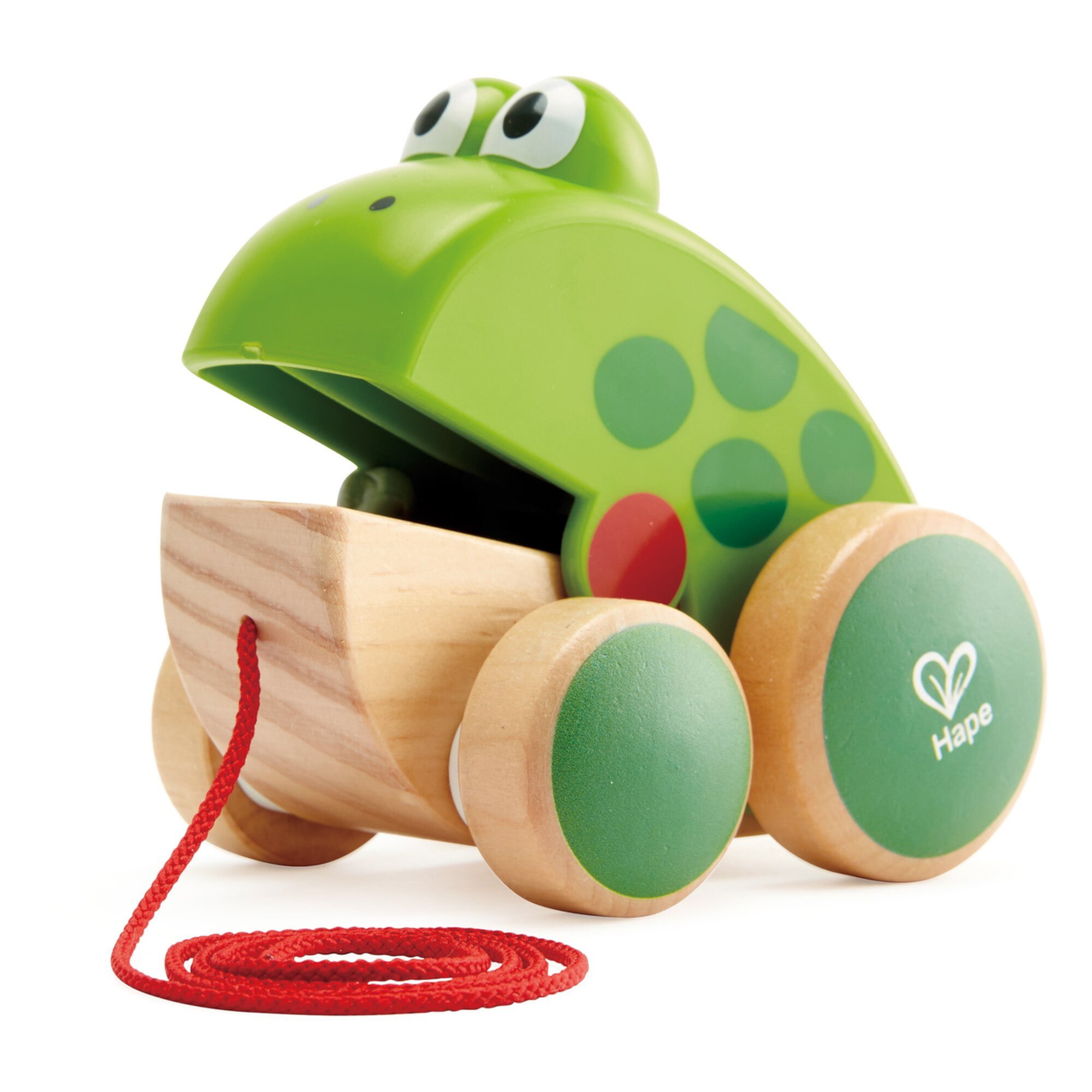 Hape: Pull Along Frog - Wooden Green Toy W/ Open & Close Mouth, Rubber Rimmed Wheels, Push & Pull Play, String Take Along, Baby, Toddler & Kids Age 1+ Hape