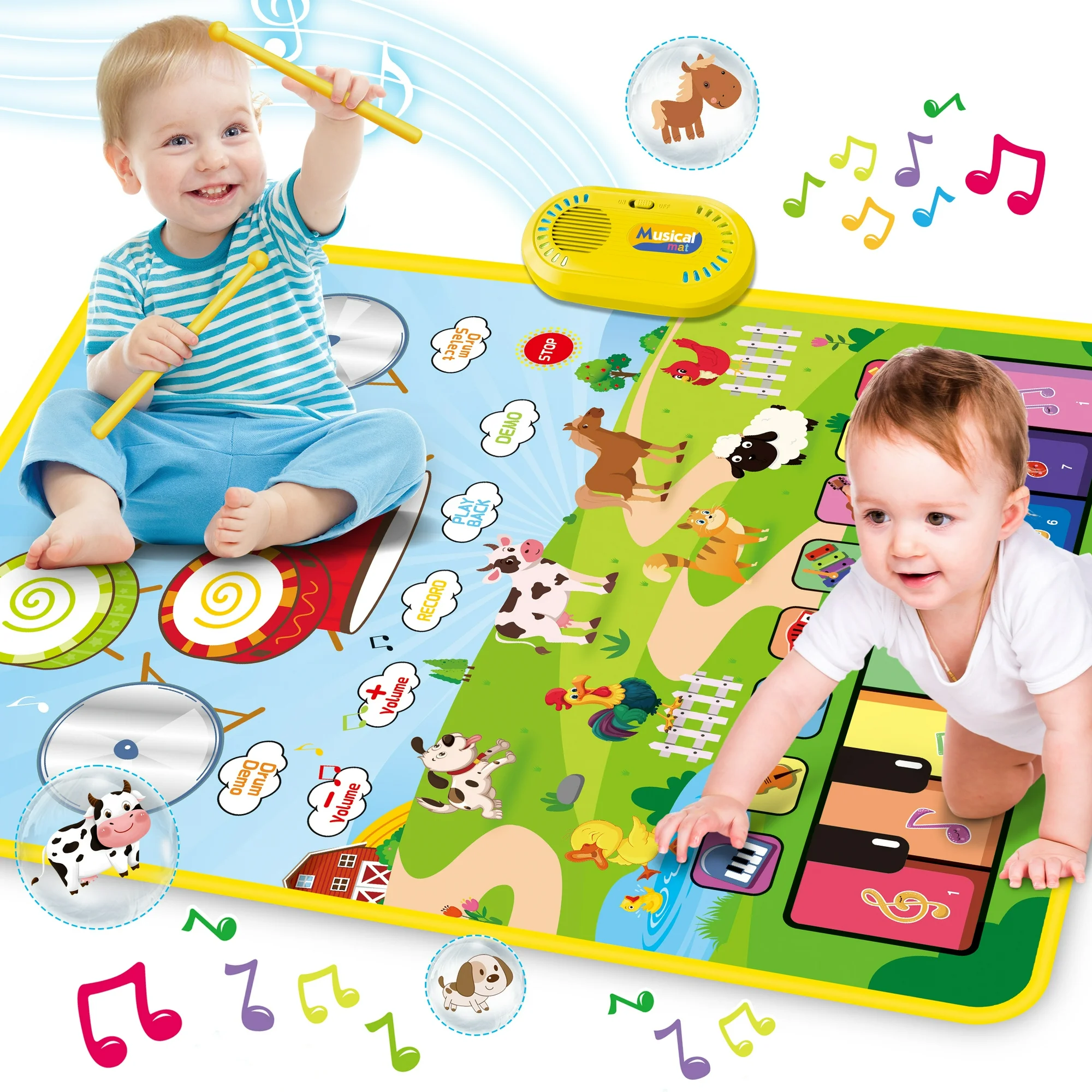 3 in 1 Musical Mat for 1 2 Years Boys Girls, 35.4 x 27.5 inch Musical Toy 8 instrument Sounds, Piano & Drum Mat with 2 Sticks for 6-12 Months Toddlers Baby Touch Play Music Learning Floor Blanket FAGINEY