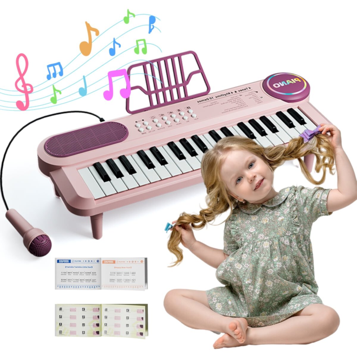 Pink Piano for Girls, Pink 37 Keys Music Keyboard for Toddler 1-3 ，Portable Piano with Microphone Music Stand, First Music Enlightenment Birthday Gift for Boy Age 2-4 Meizantong