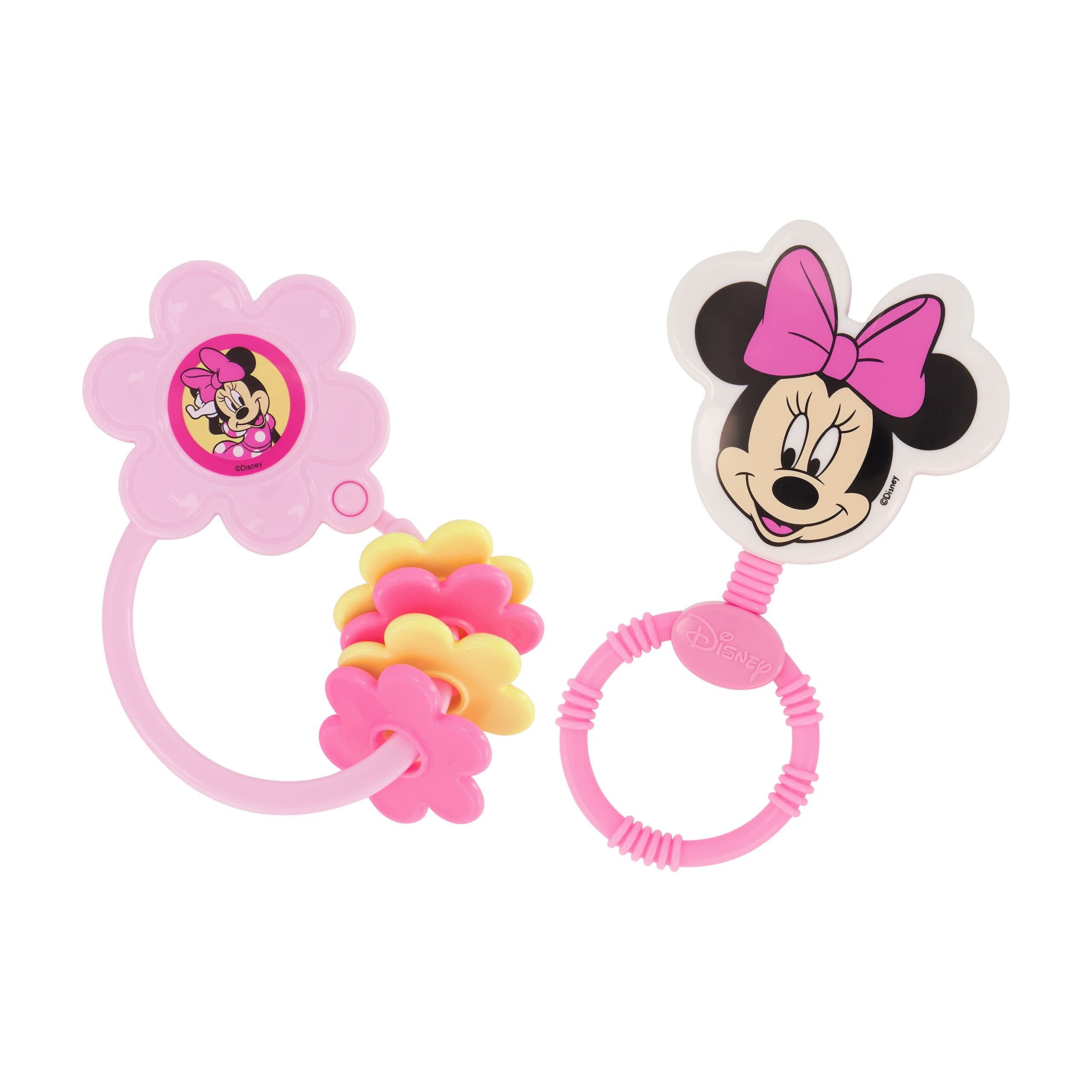 2 Pack Disney Minnie Mouse Character Shape Rattle and Keyring Teether, Premium Toddler Birthday Toys, Infant Teething Toys, Great for Newborn Shower Gifts Disney