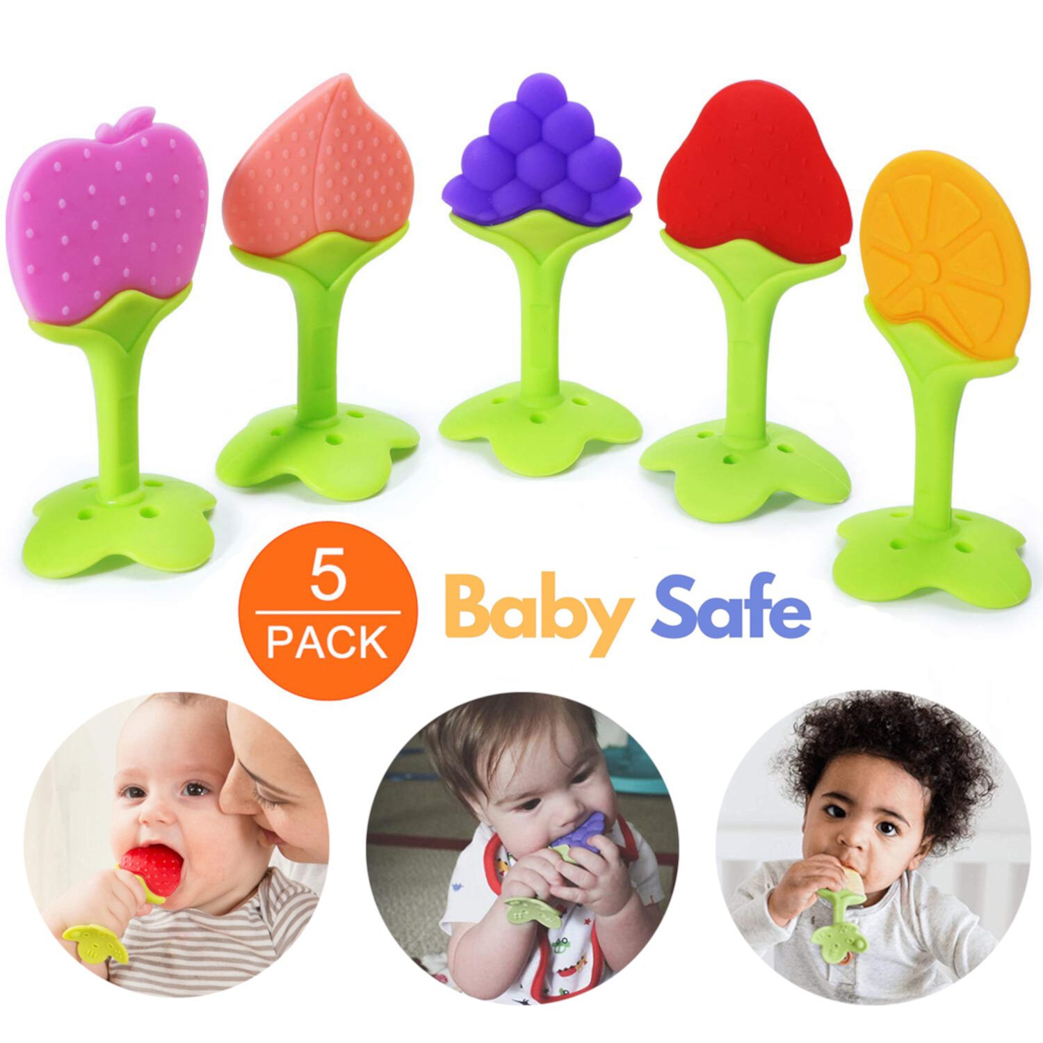 SAYLITA 5 Pack Baby Teething Toys Baby Chew Toys, BPA-Free Baby Teething Toy for Babies 6-12 Months. Natural Organic Freezer Safe Fruit Teether Toys for Toddlers, Specialized Relief Gingival Pain SAYLITA