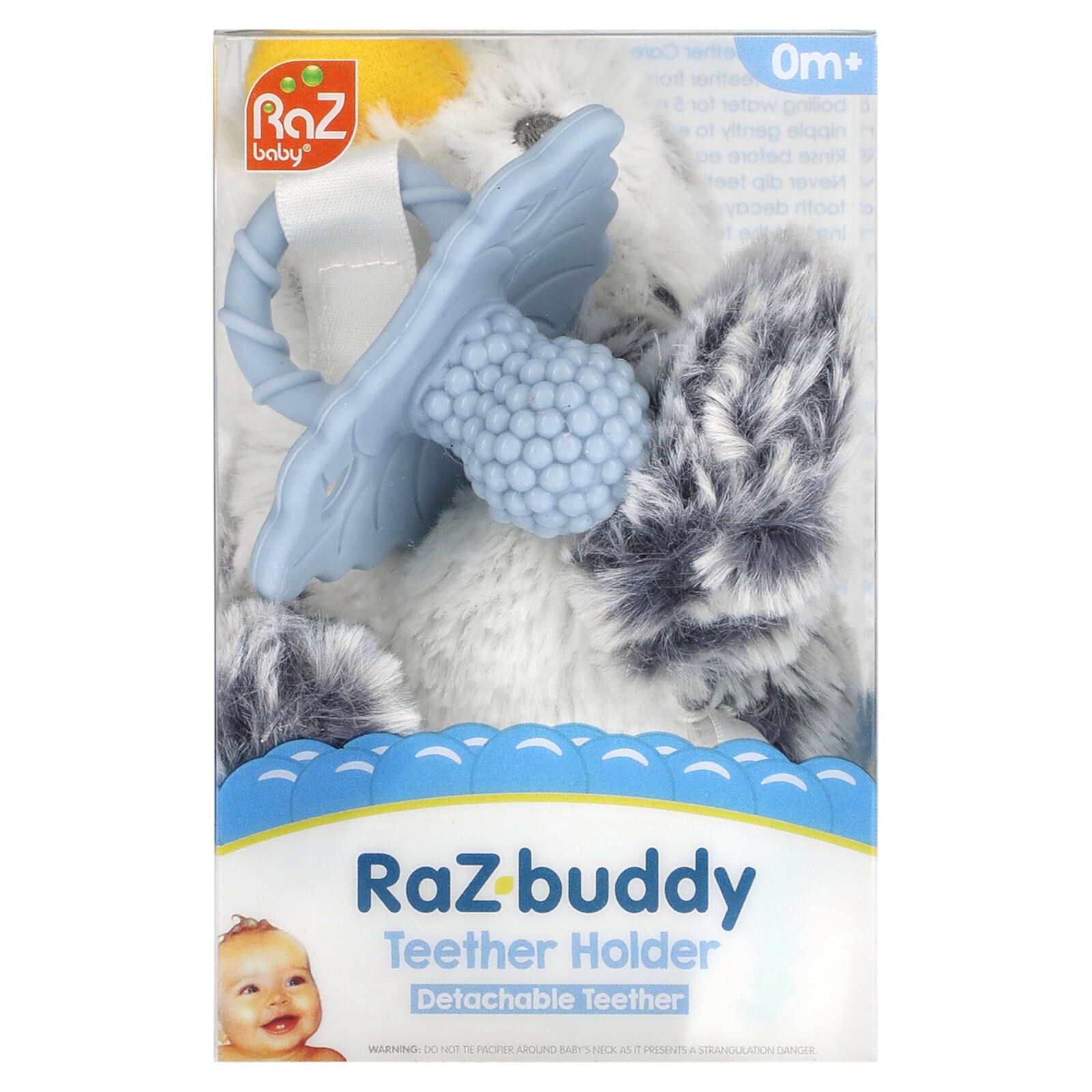 RaZbaby RaZberry Teether, Holder w/ Detachable Baby Teething Toy, Textured BerryBumps Soothe Sore Gums, Machine Washable Stuffed Animal RaZbuddy, Ages 0M+, Easy to Hold & Hands-Free â€“ Penguin/Blue RAZBaby