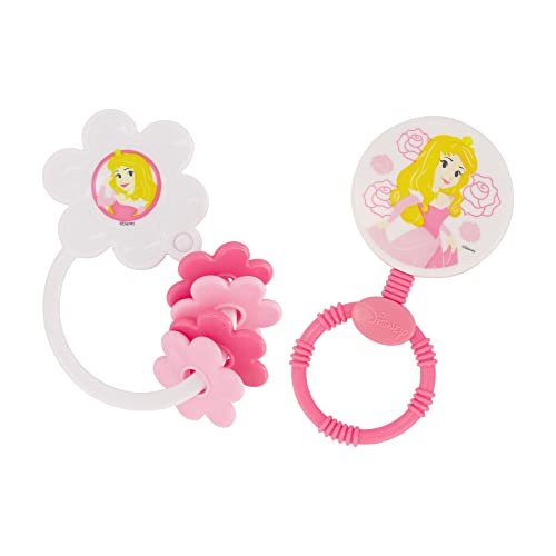 2 Pack Disney Princess Character Shape Rattle and Keyring Teether, Premium Toddler Birthday Toys, Infant Teething Toys, Great for Newborn Shower Gifts Disney