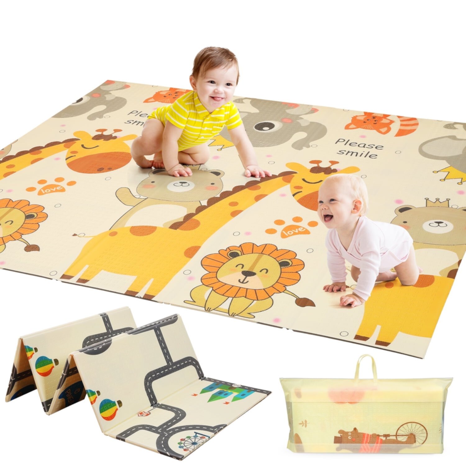 JoyStone Baby Play Mat, 78" X 70" Extra Large Reversible Foam Play Mat, Non-Toxic Foldable Animal Print Waterproof Crawl Mat for Toddlers and Babies JoyStone