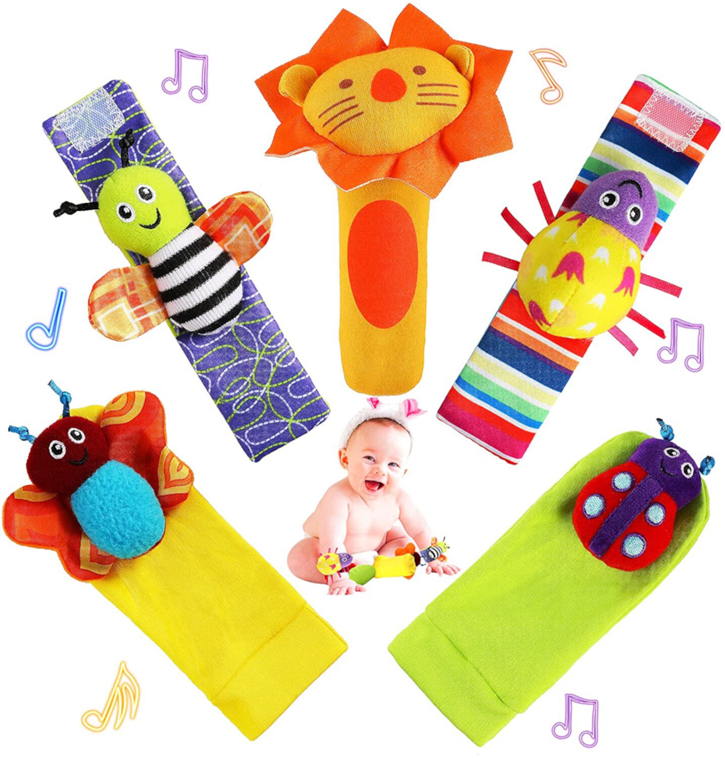 VATENIC 5 Pieces  Soft Baby Wrist Rattle Foot Socks Toys For Boys Or Girls, Rattle Socks Newborn Toys Suitable For 0-12 Months Old VATENIC