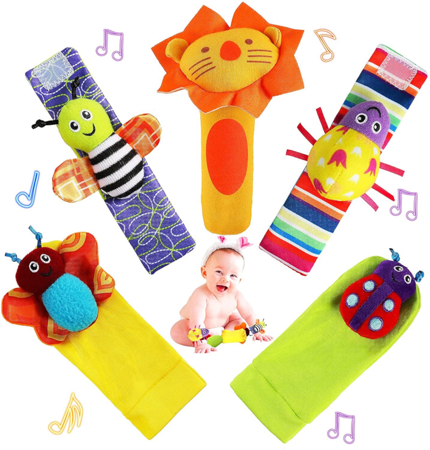 VATENIC 5 Pieces  Soft Baby Wrist Rattle Foot Socks Toys For Boys Or Girls, Rattle Socks Newborn Toys Suitable For 0-12 Months Old VATENIC