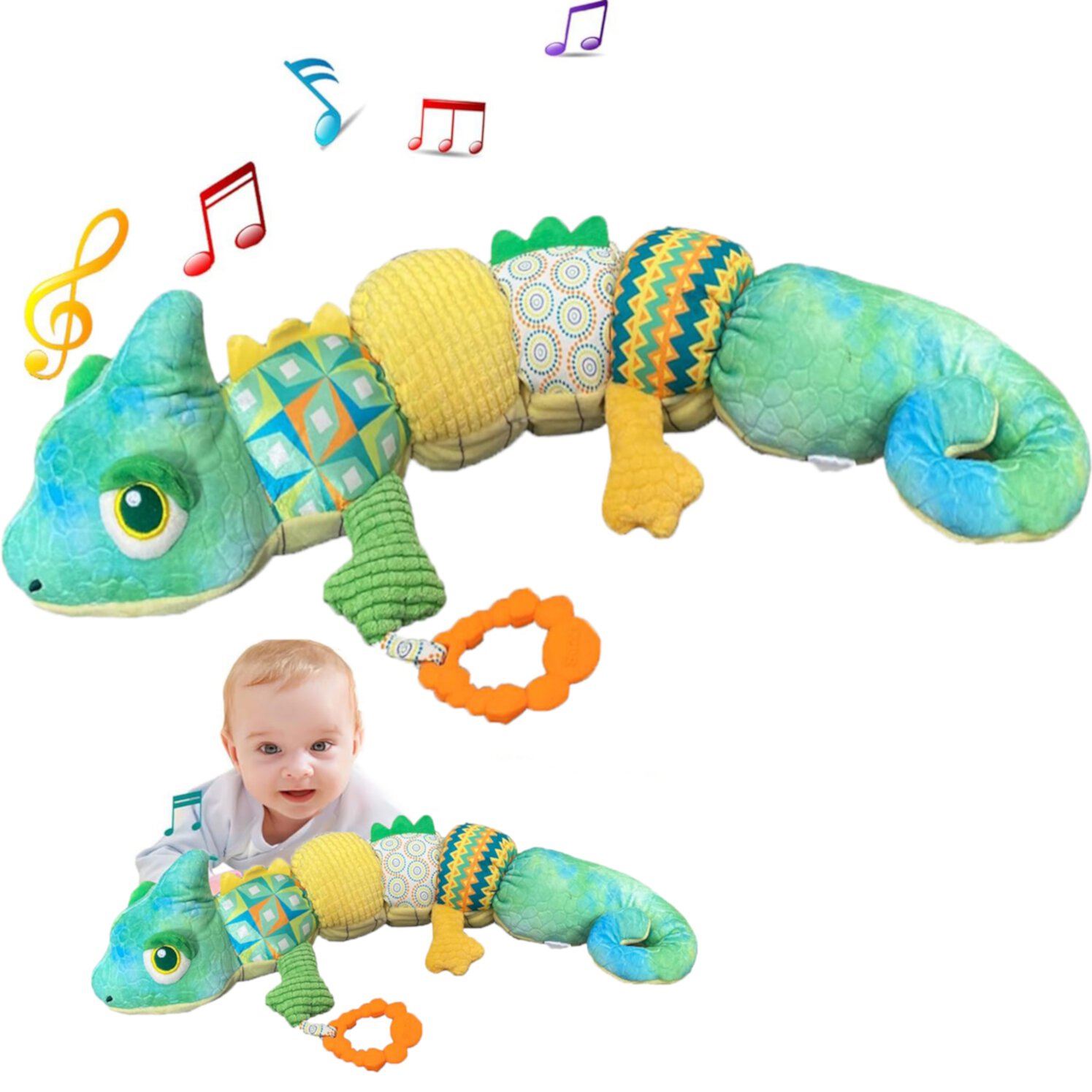 YIJIAL Baby Toys 0-6-12 Months, Musical Stuffed Animal Activity Soft Toys with Ruler Design and Rattle, Tummy Time Toys for Newborn Boys Girls, Dinosaur, Green YIJIAL