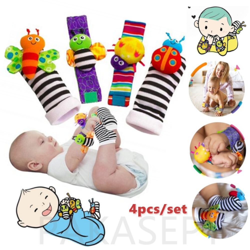 Foot Finder Socks & Wrist Rattles, 4pcs Newborn Toys for Baby Boy or Girl, Brain Development Infant Toys, PAKASEPT Hand and Foot Rattles Suitable for 0-3 Months Babies PAKASEPT