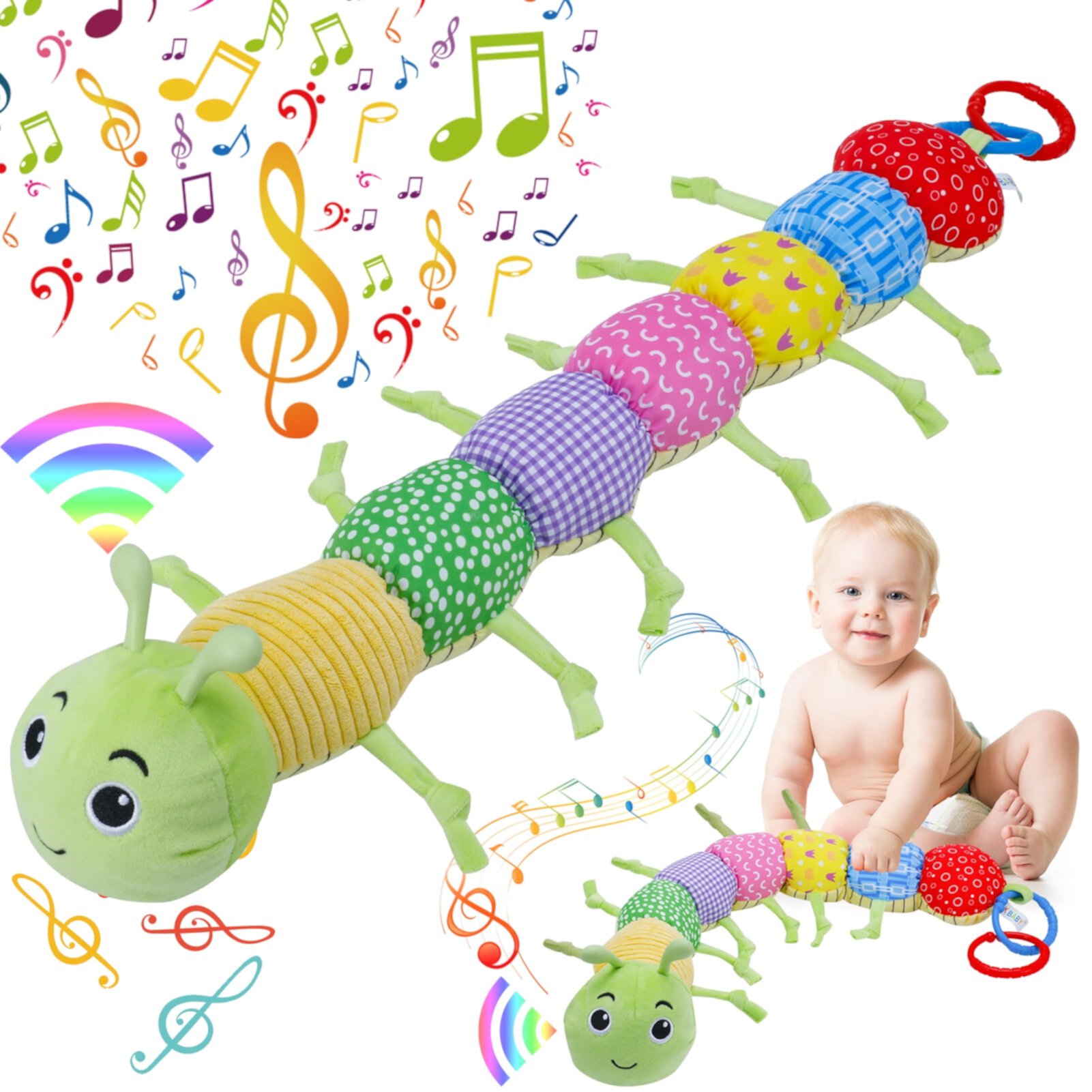 sixwipe Caterpillar Baby Musical Toy, Multicolor Infant Toy Crinkle Rattle Soft with Ruler Design, Early Learning Educational Toys with Rattles for Babies 0-3-6-12 Months Sixwipe