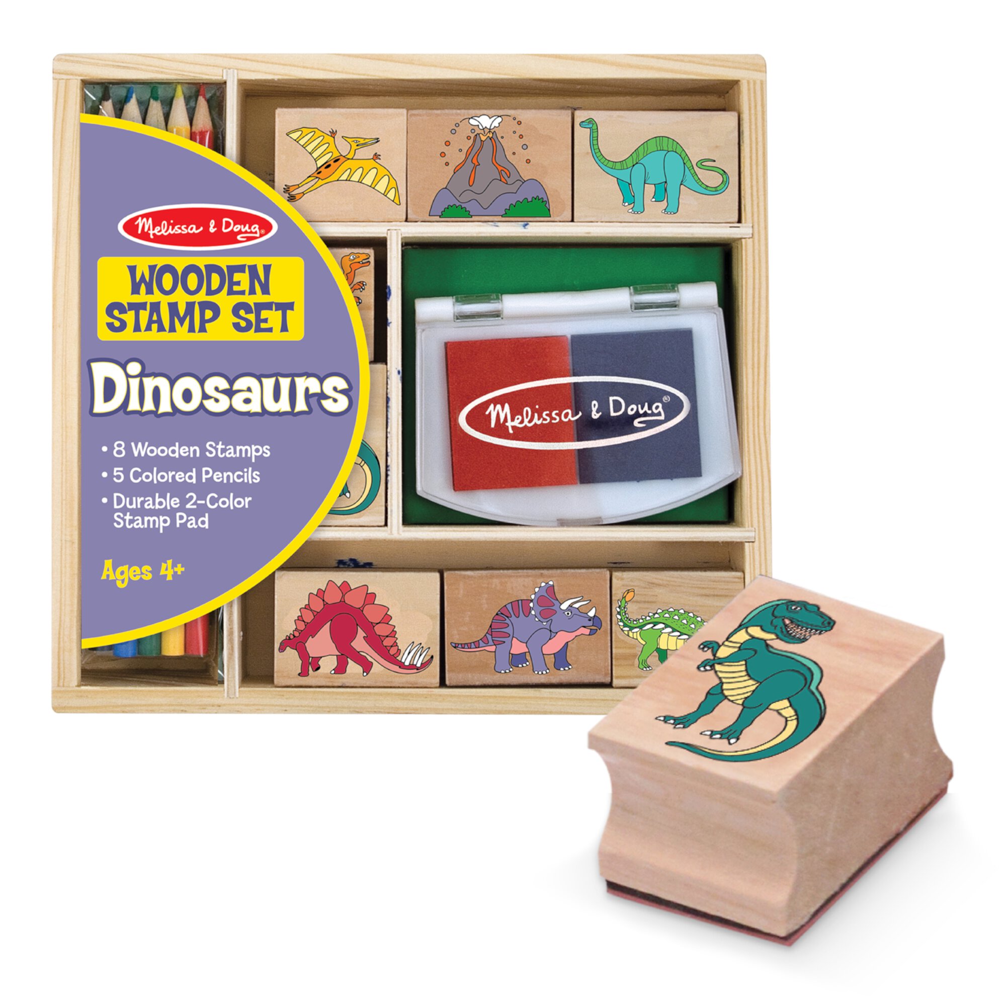 Melissa & Doug Wooden Stamp Set: Dinosaurs - 8 Stamps, 5 Colored Pencils, 2-Color Stamp Pad - FSC Certified Melissa & Doug