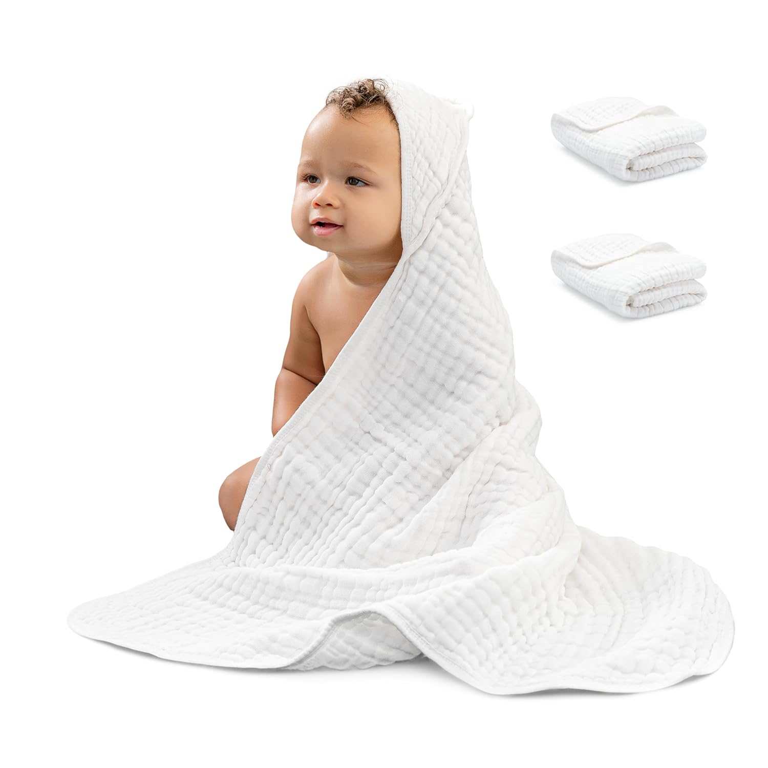 Comfy Cubs 2 Pack Baby Hooded 9 Layer Muslin Cotton Towel for Kids, Large 32"x 32", Ultra Soft, Warm, and Absorbent. Baby Essentials Bath Towels, Cute Unisex Cover for Girls and Boys (2 Pack, White) Comfy Cubs