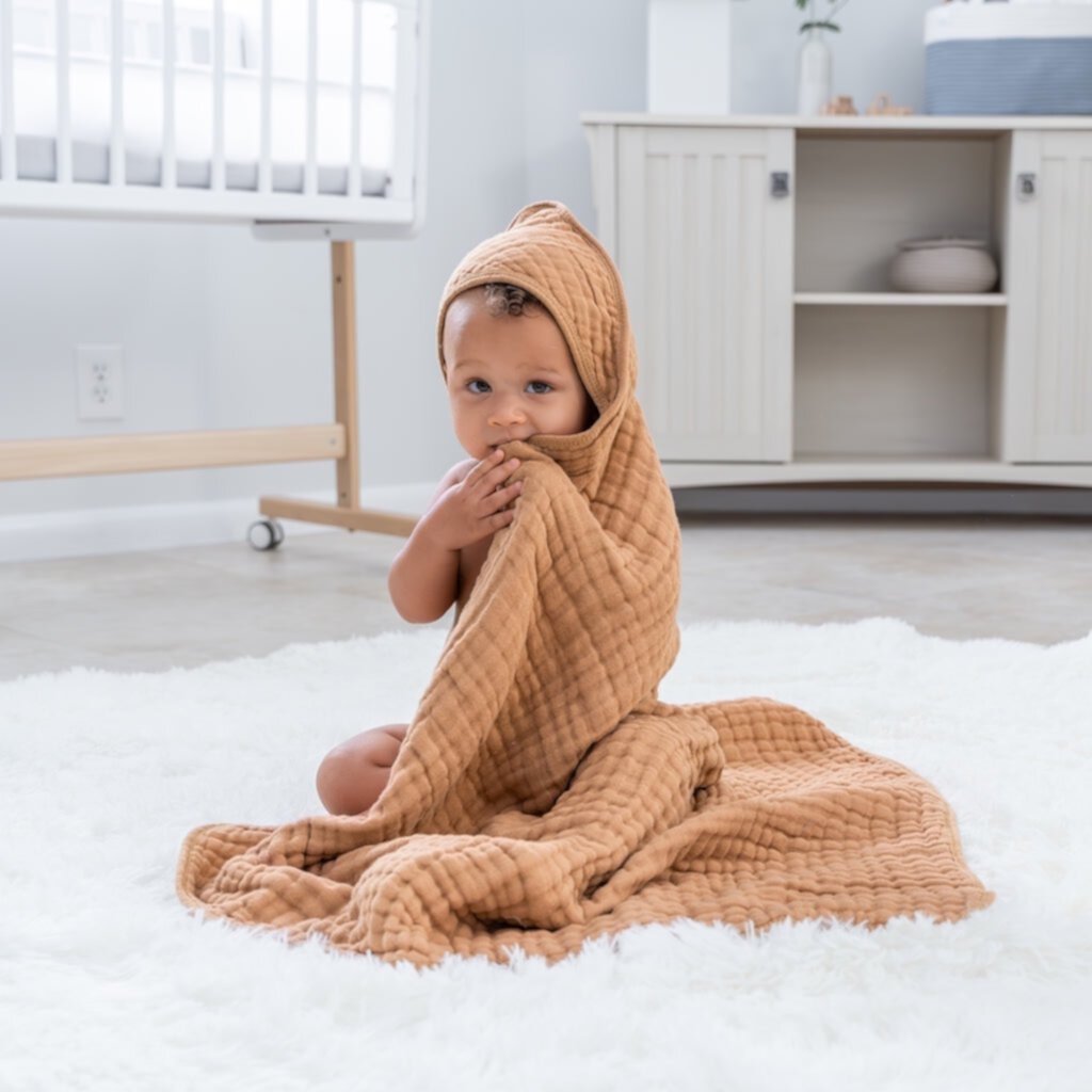 Comfy Cubs Baby Hooded 9 Layer Muslin Cotton Towel for Kids, Large 32"x 32", Ultra Soft, Warm, and Absorbent. Baby Essentials Bath Towels, Cute Unisex Cover for Girls and Boys (Pack of 1, Caramel) Comfy Cubs