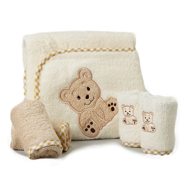 Spasilk Baby Cotton Terry Hooded Towel & Washcloth Bath Shower Set for Newborns and Infants, 5 Piece Set, Brown Bear Spasilk