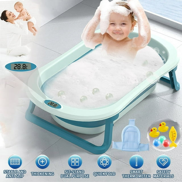 MONEHANE Foldable Baby Bathtub for Newborns to Toddler, Infants Anti Slip Bath Tubs with Thermometer & Toy, Blue MONEHANE