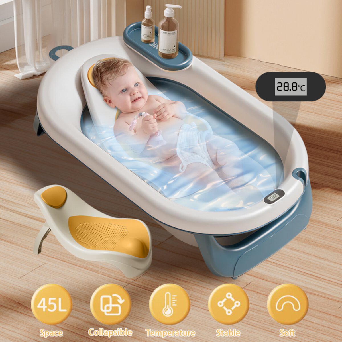 MONEHANE Collapsible Baby Bathtub with Support Seat, Foldable Bath Tubs for Infants to Toddler 0-36 Month, Blue MONEHANE