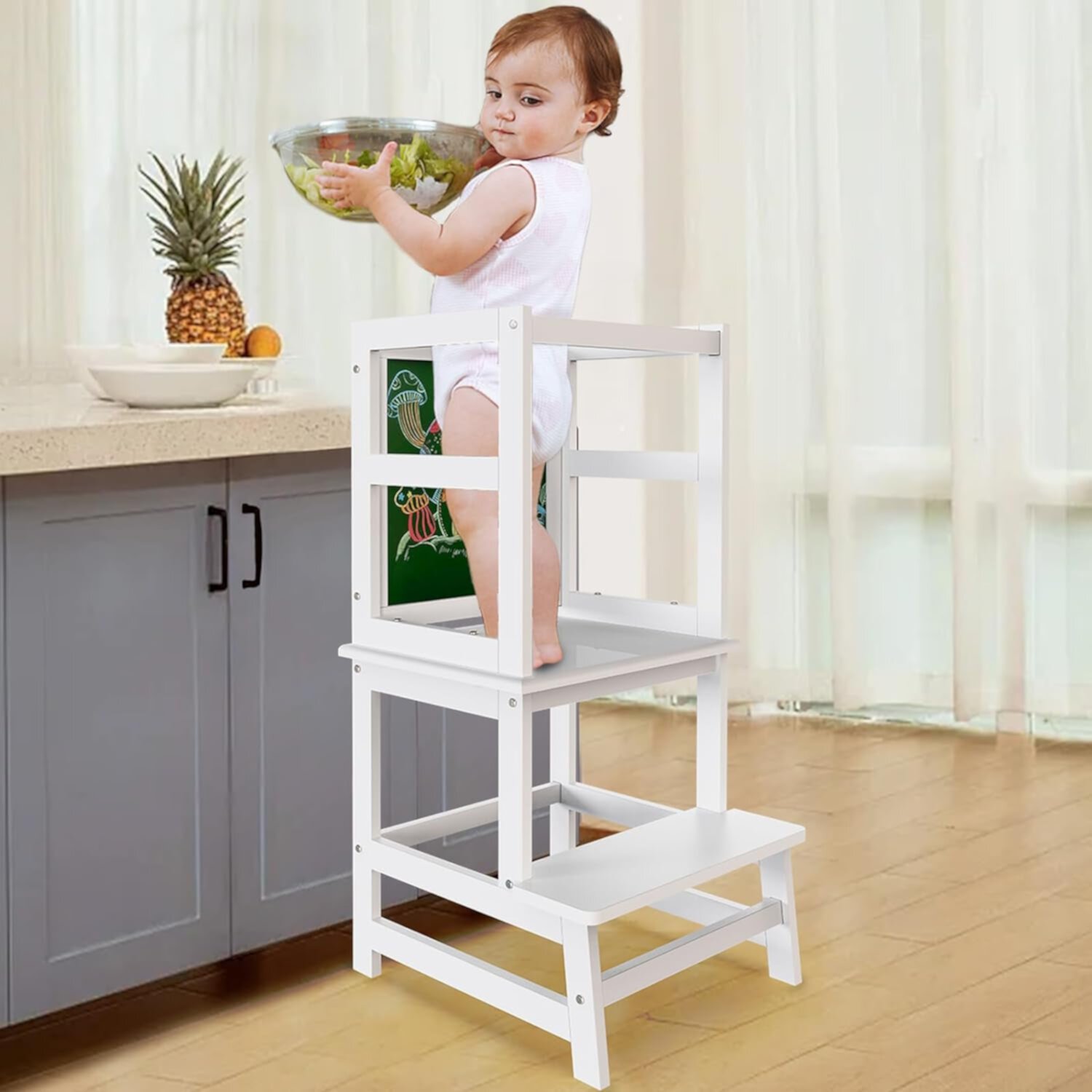 G TALECO GEAR Kitchen Toddler Step Stool Helper with Drawing Board, Learning Tower for Kids Standing, Wood, Natural G TALECO GEAR