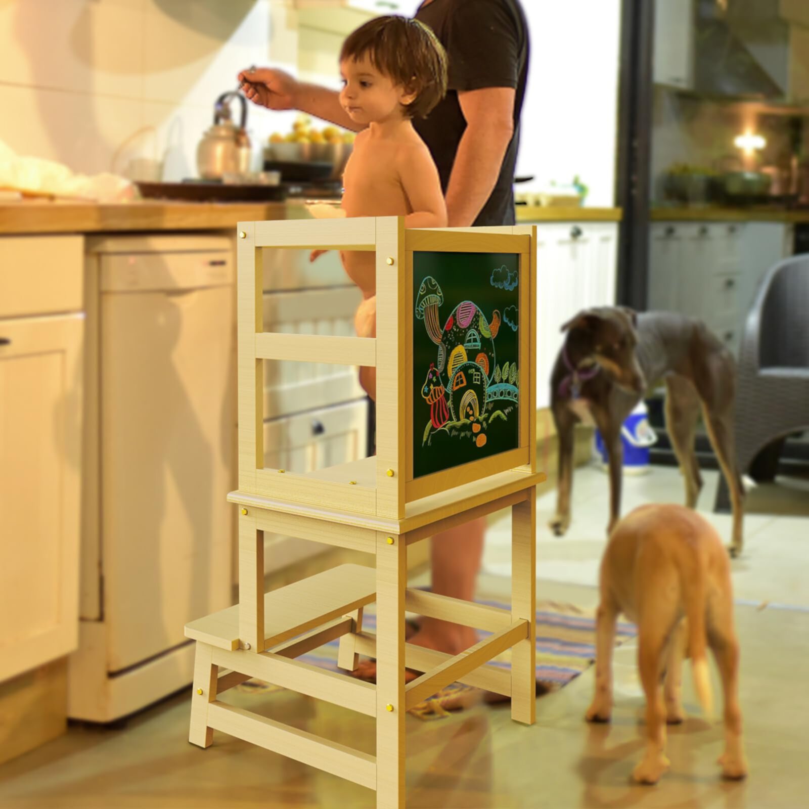 G TALECO GEAR Kitchen Toddler Step Stool Helper with Drawing Board, Learning Tower for Kids Standing, Wood, Natural G TALECO GEAR