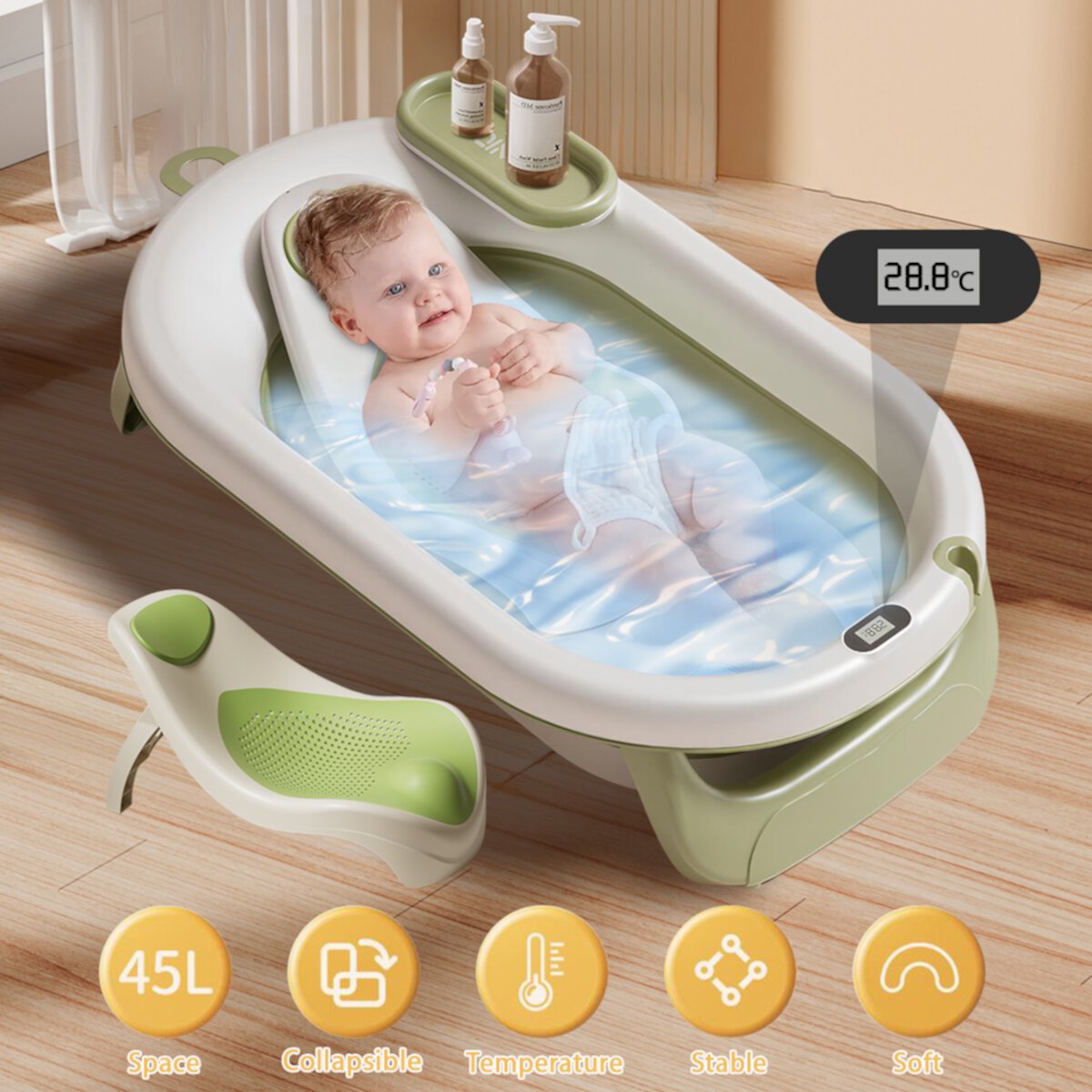 MONEHANE Collapsible Baby Bathtub with Support Seat, Folding Bath Tub for Infants to Toddler 0-36 Month, Green MONEHANE