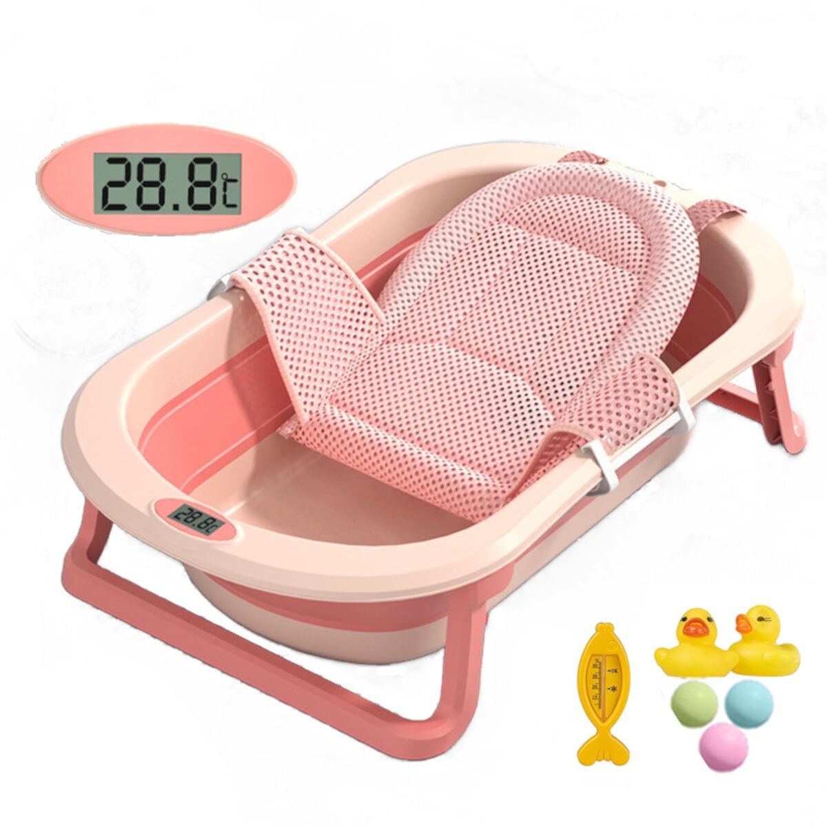 EONROACOO Foldable Baby Bathtub with Thermometer & Cushion, Portable Infant Tub(Pink) EONROACOO