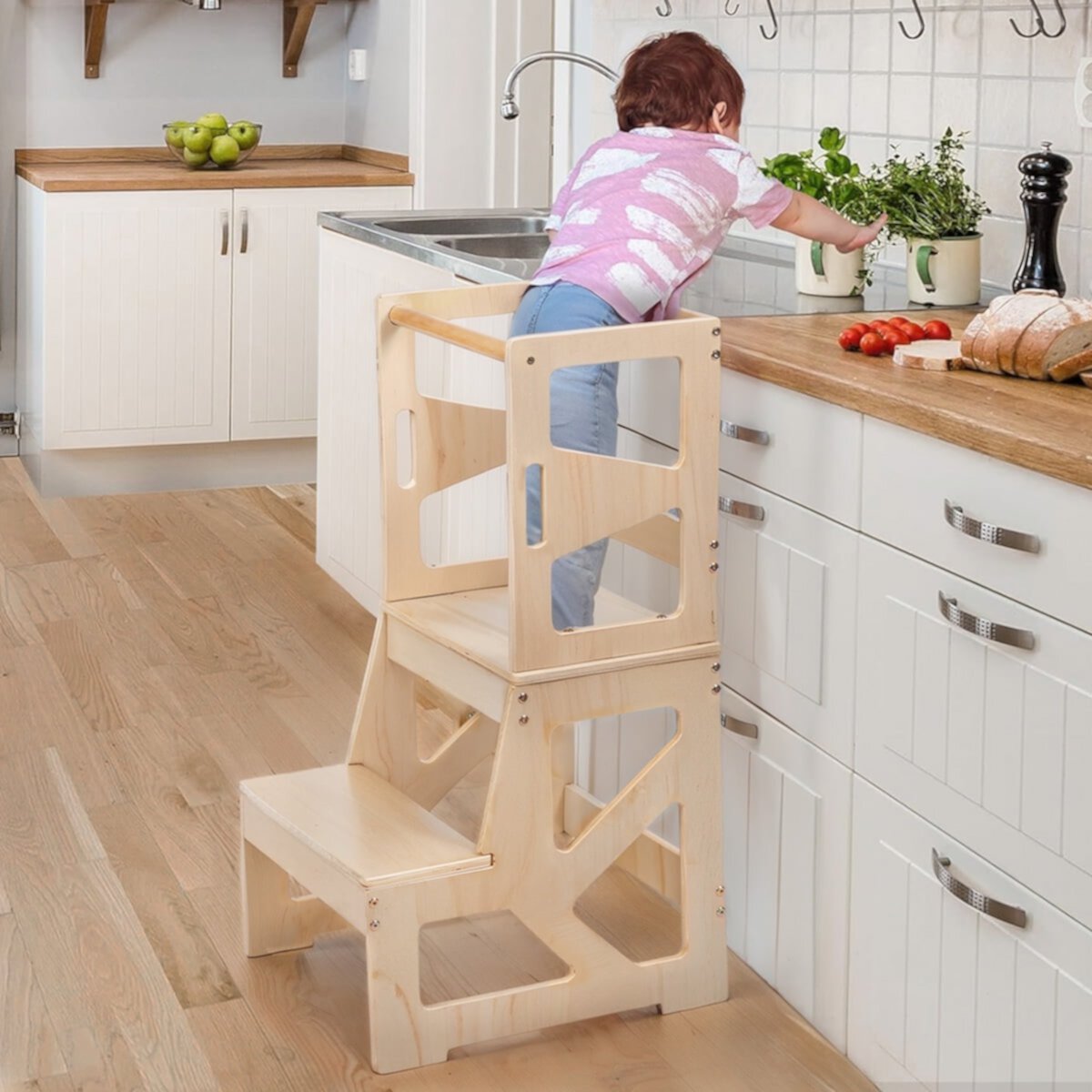 Kitchen Step Stool for Toddlers, CAVEEN Adjustable Kids Step with Safety Rail , Learning Tower for Kids Standing, Nature Caveen