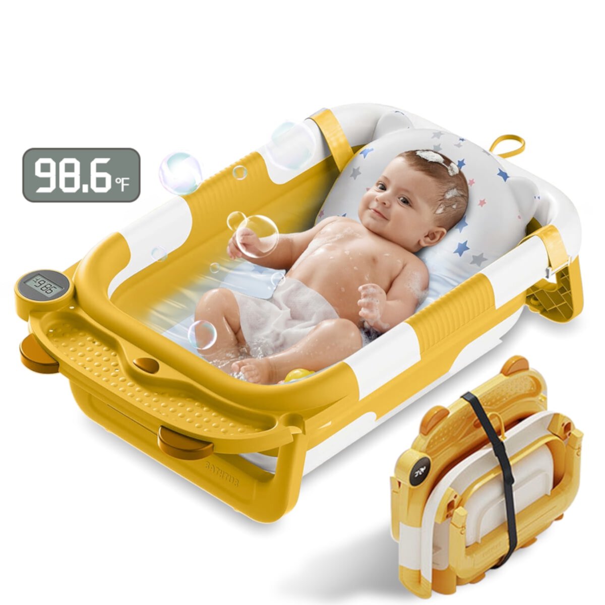 MONEHANE Foldable Baby Bath Tubs, Portable Collapsible Baby Bathtub with Soft Net Cushion & Thermometer for Infant to Toddler, Bear, Yellow MONEHANE