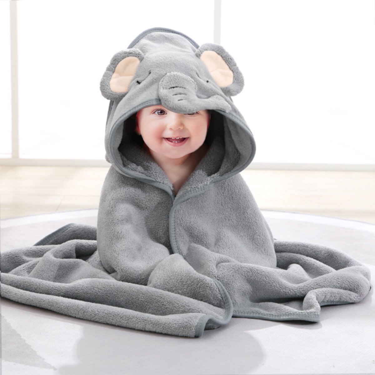 MONEHANE Baby Bath Towel, Absorbent Large Hooded Towel for Kids, Newborn, Babie, Toddler, Infant, Elephant, 31.5 x 31.5 inch MONEHANE