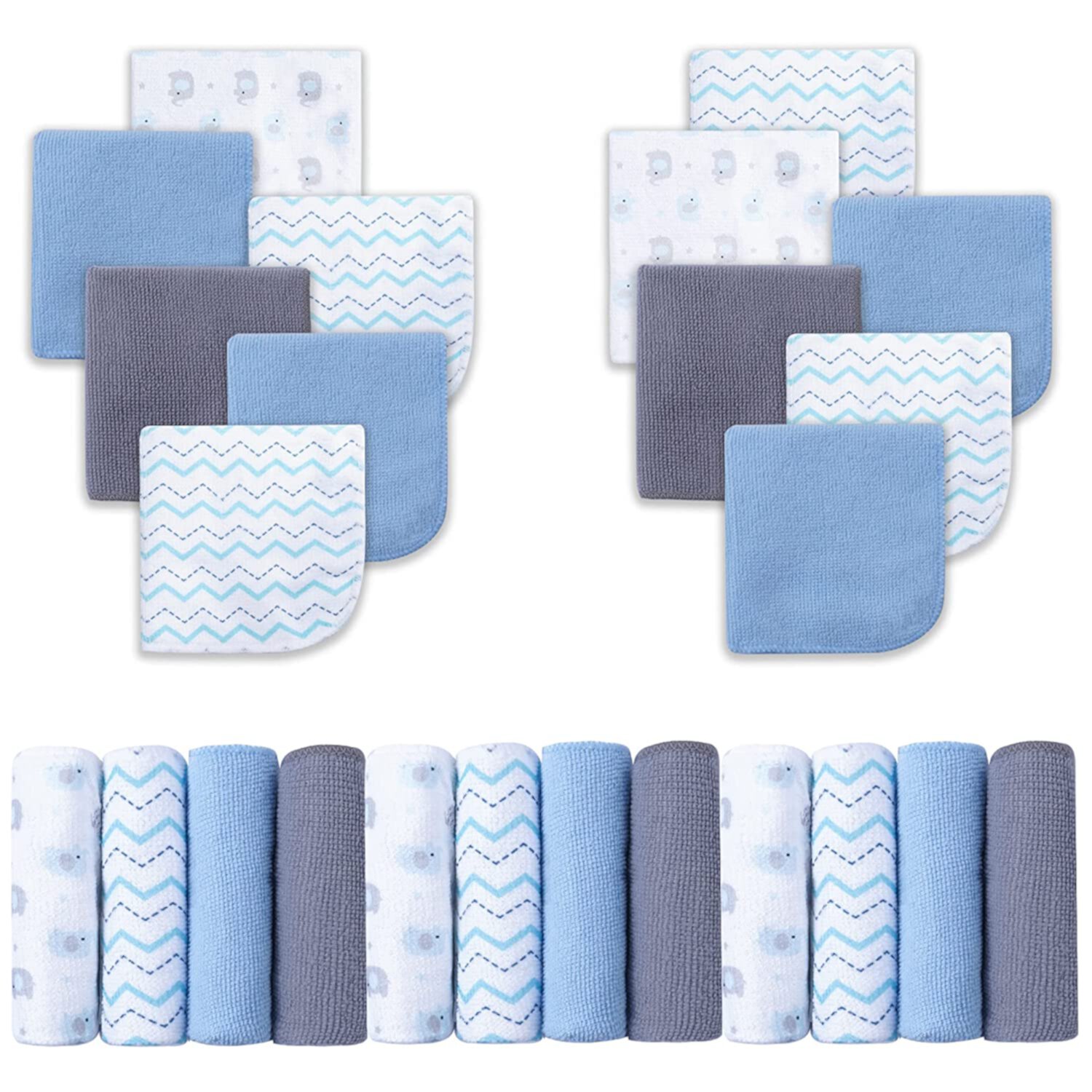 Viviland Baby Washcloths, Soft 24-Pack Baby Wash Cloths Unisex for Boys Girls, Super Absorbent Baby Face Towel Gentle on Sensitive Skin, Wash Clothes for Face & Body, 9"x 9" Blue Elephant Pattern Viviland